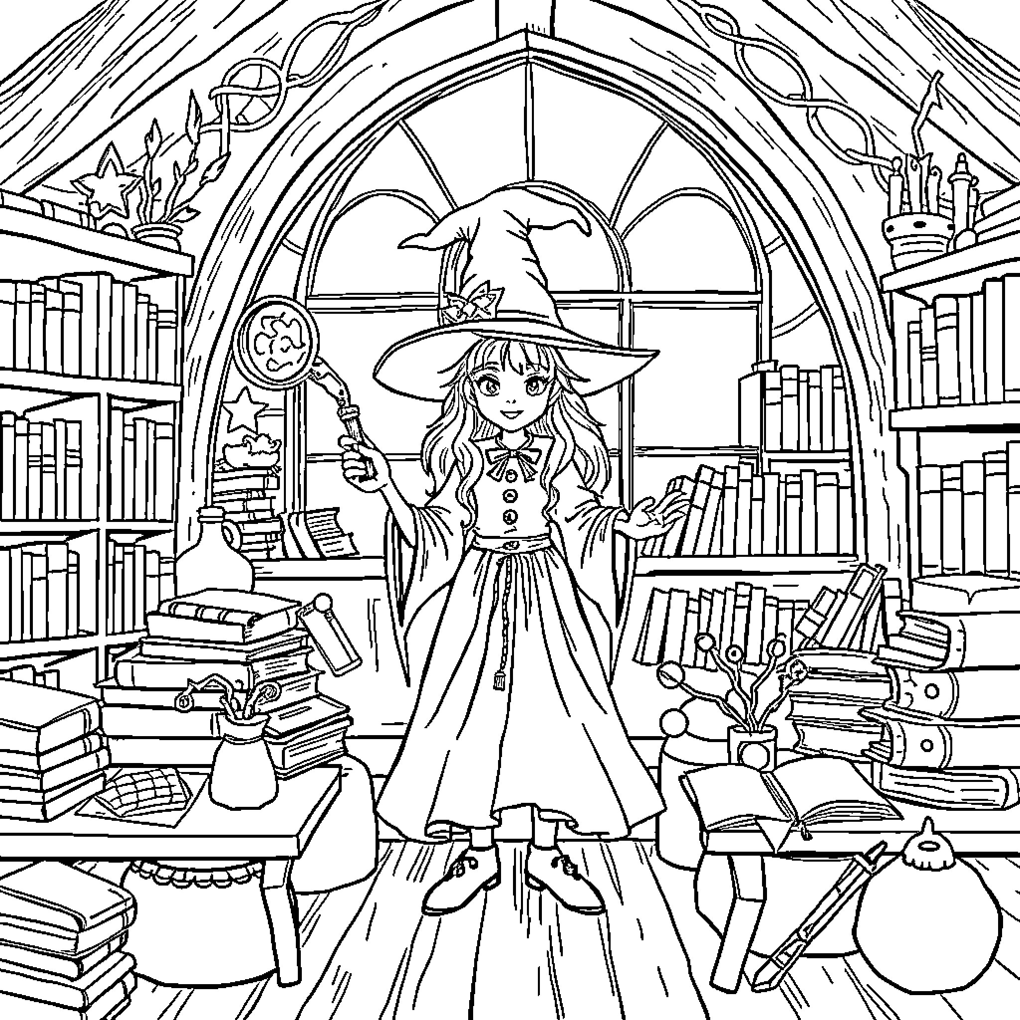 Witch surrounded by magical books and tools in a library Coloring Page (free black-and-white line drawing printable PDF for all, from beginners to advanced learners, including children, teens, adults, and seniors)