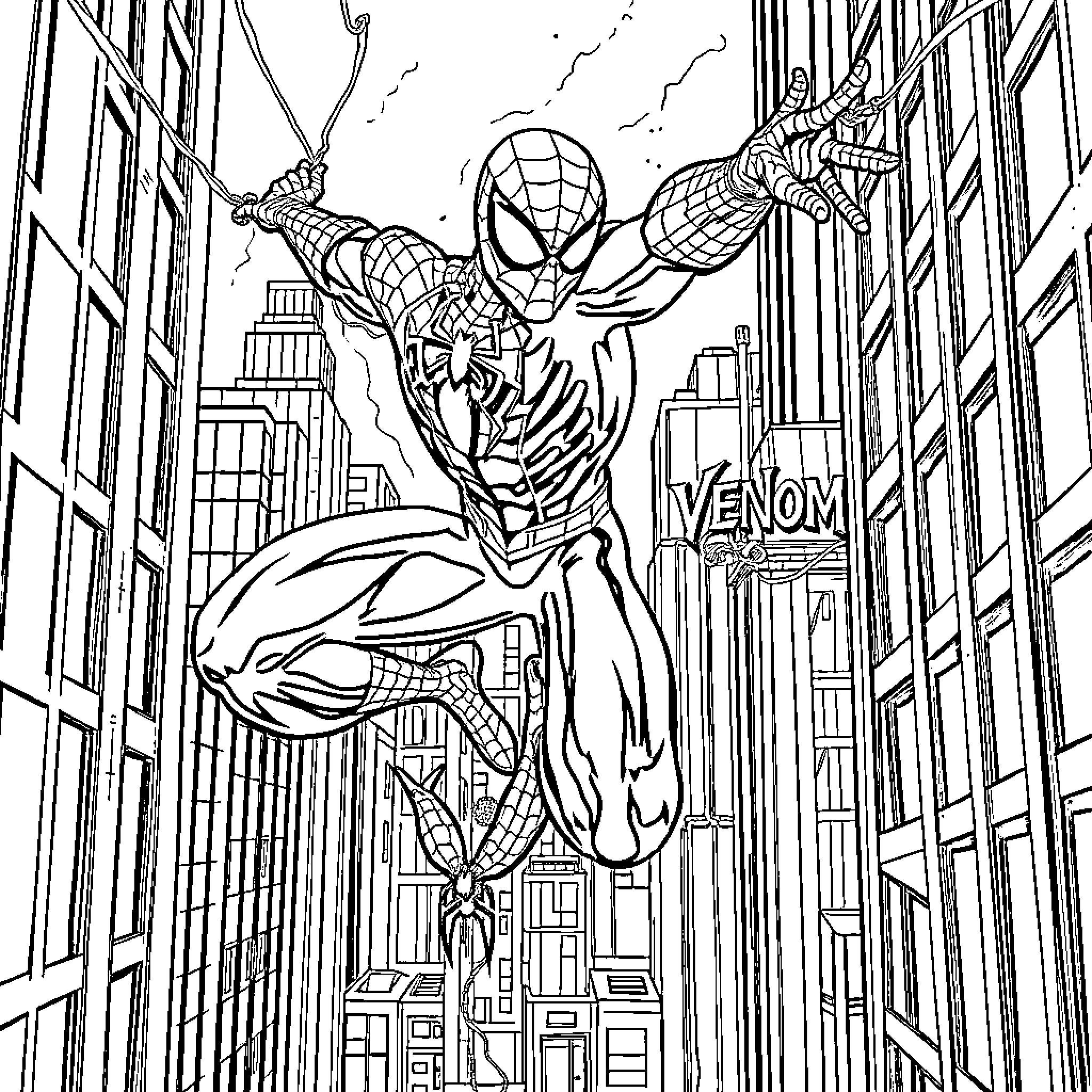 Spider-Man swinging through the city, confronting Venom Coloring Page (free black-and-white line drawing printable PDF for all, from beginners to advanced learners, including children, teens, adults, and seniors)