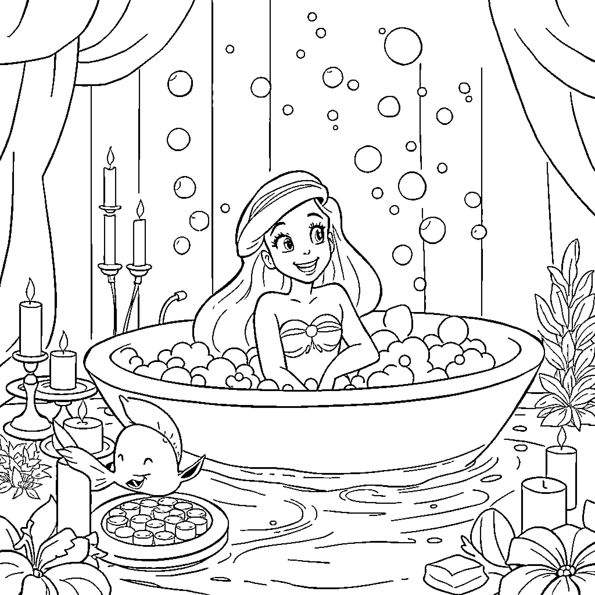 Ariel relaxing in a magical bubble bath Coloring Page (free black-and-white line drawing printable PDF for all, from beginners to advanced learners, including children, teens, adults, and seniors)