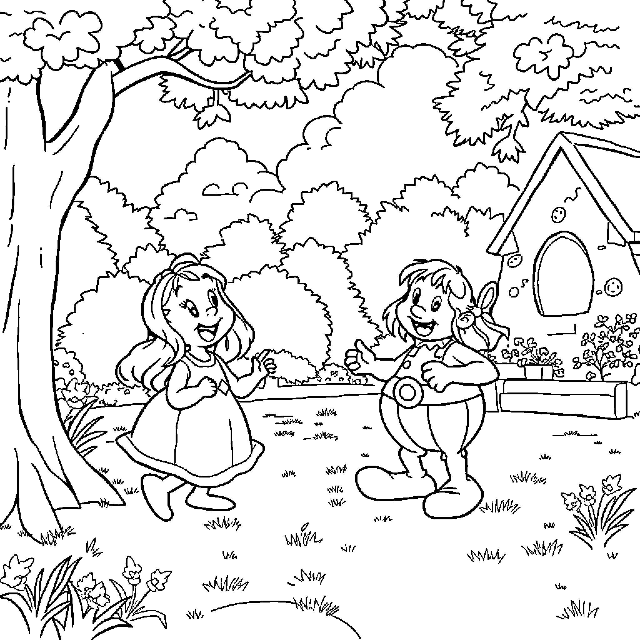 Asterix and Obelix enjoying a day in the forest Coloring Page (free black-and-white line drawing printable PDF for all, from beginners to advanced learners, including children, teens, adults, and seniors)