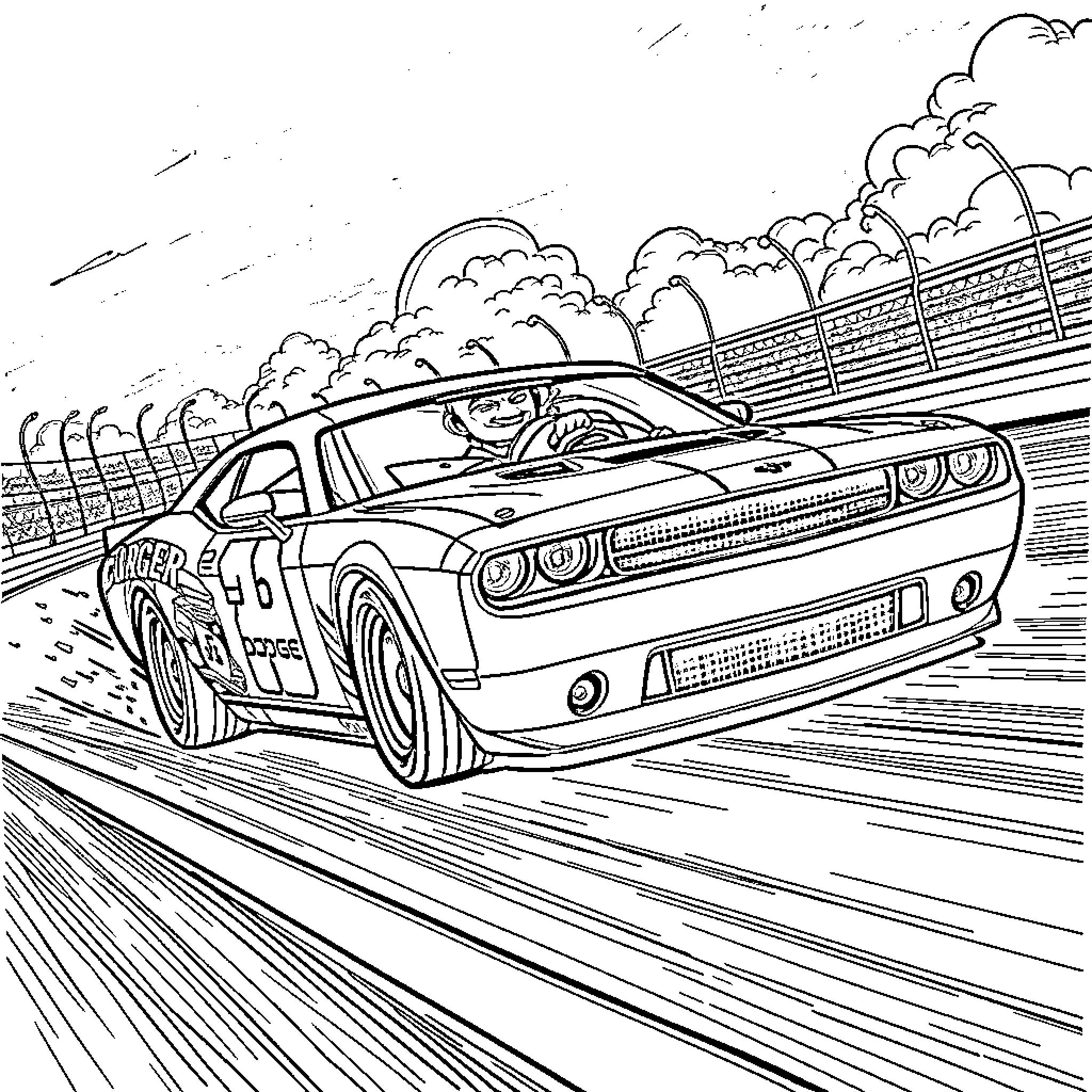 Dodge race car speeding on the track Coloring Page (free black-and-white line drawing printable PDF for all, from beginners to advanced learners, including children, teens, adults, and seniors)