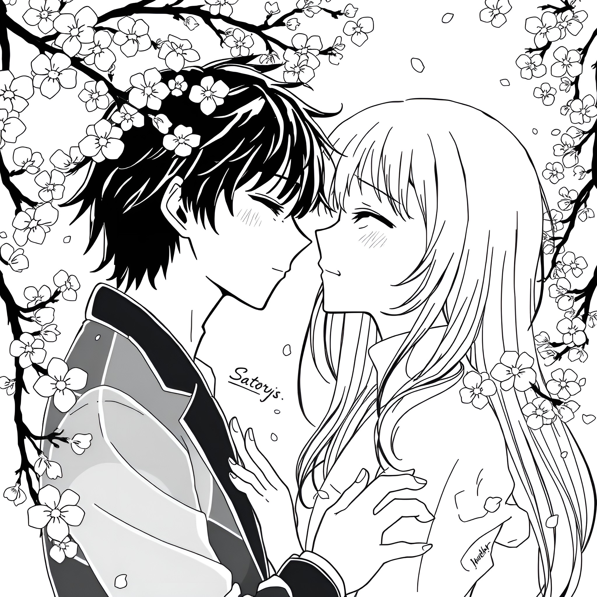 Satoru Gojo in a tender embrace with a companion Coloring Page (free black-and-white line drawing printable PDF for all, from beginners to advanced learners, including children, teens, adults, and seniors)