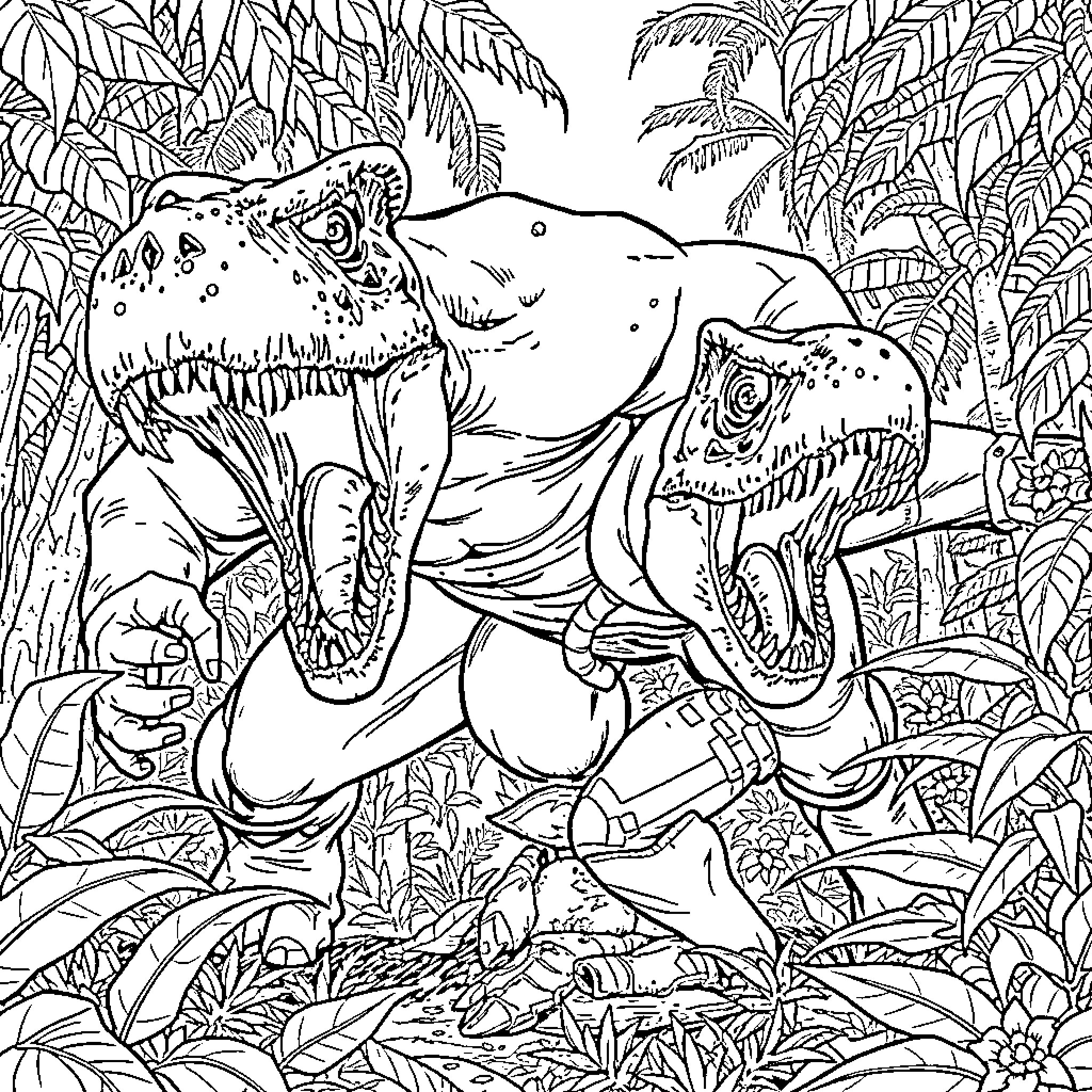 Hulk Dinosaurs Roar in Lush Jungle Landscape Coloring Page (free black-and-white line drawing printable PDF for all, from beginners to advanced learners, including children, teens, adults, and seniors)