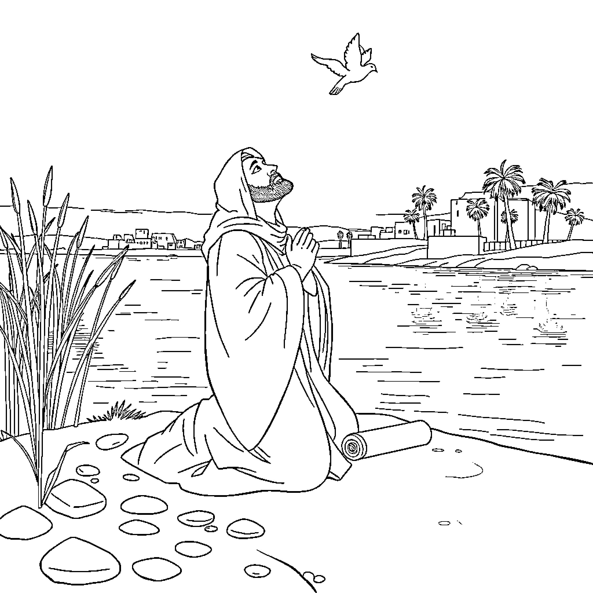 Daniel praying by the lake with a dove Coloring Page (free black-and-white line drawing printable PDF for all, from beginners to advanced learners, including children, teens, adults, and seniors)