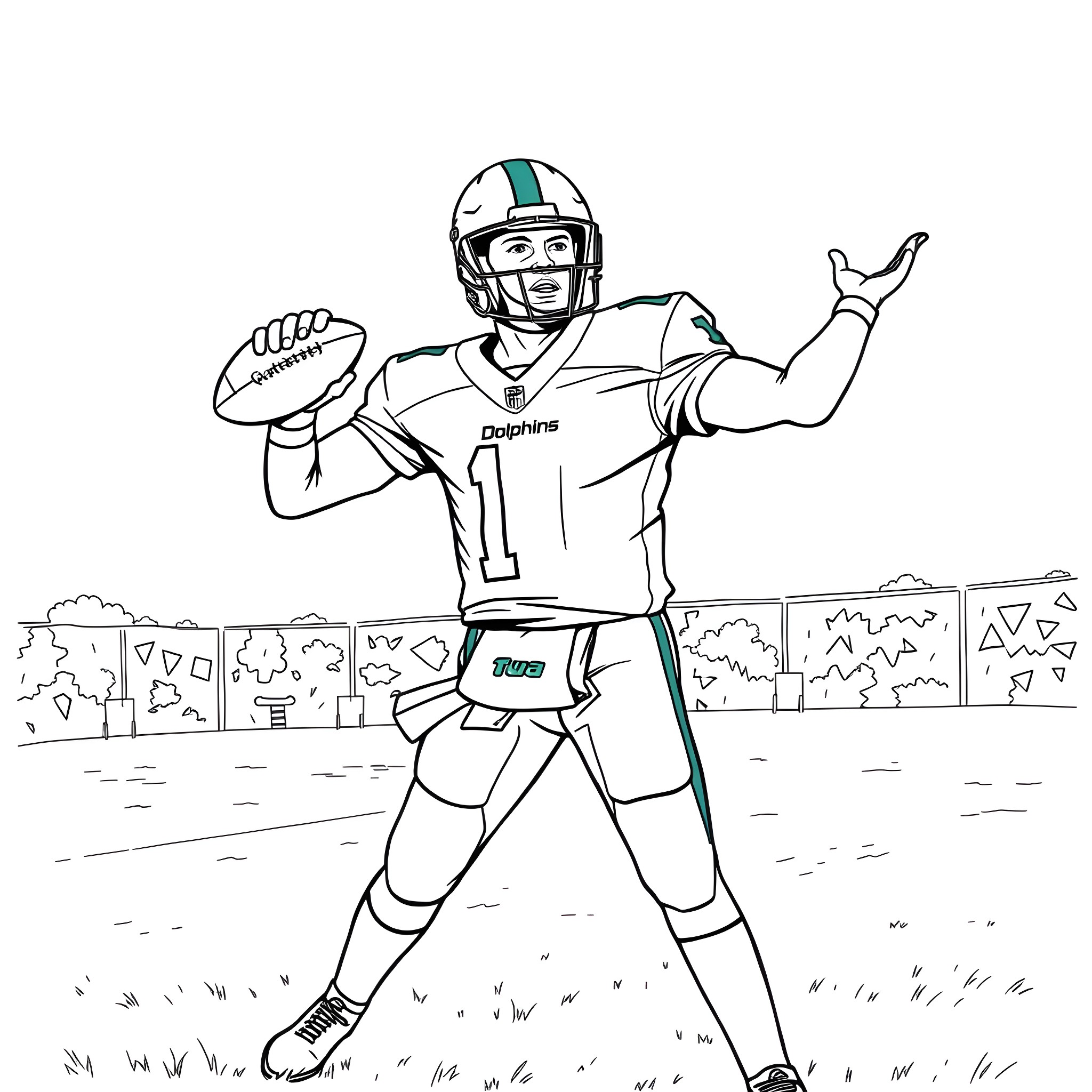 Dolphin quarterback throwing football on field Coloring Page (free black-and-white line drawing printable PDF for all, from beginners to advanced learners, including children, teens, adults, and seniors)