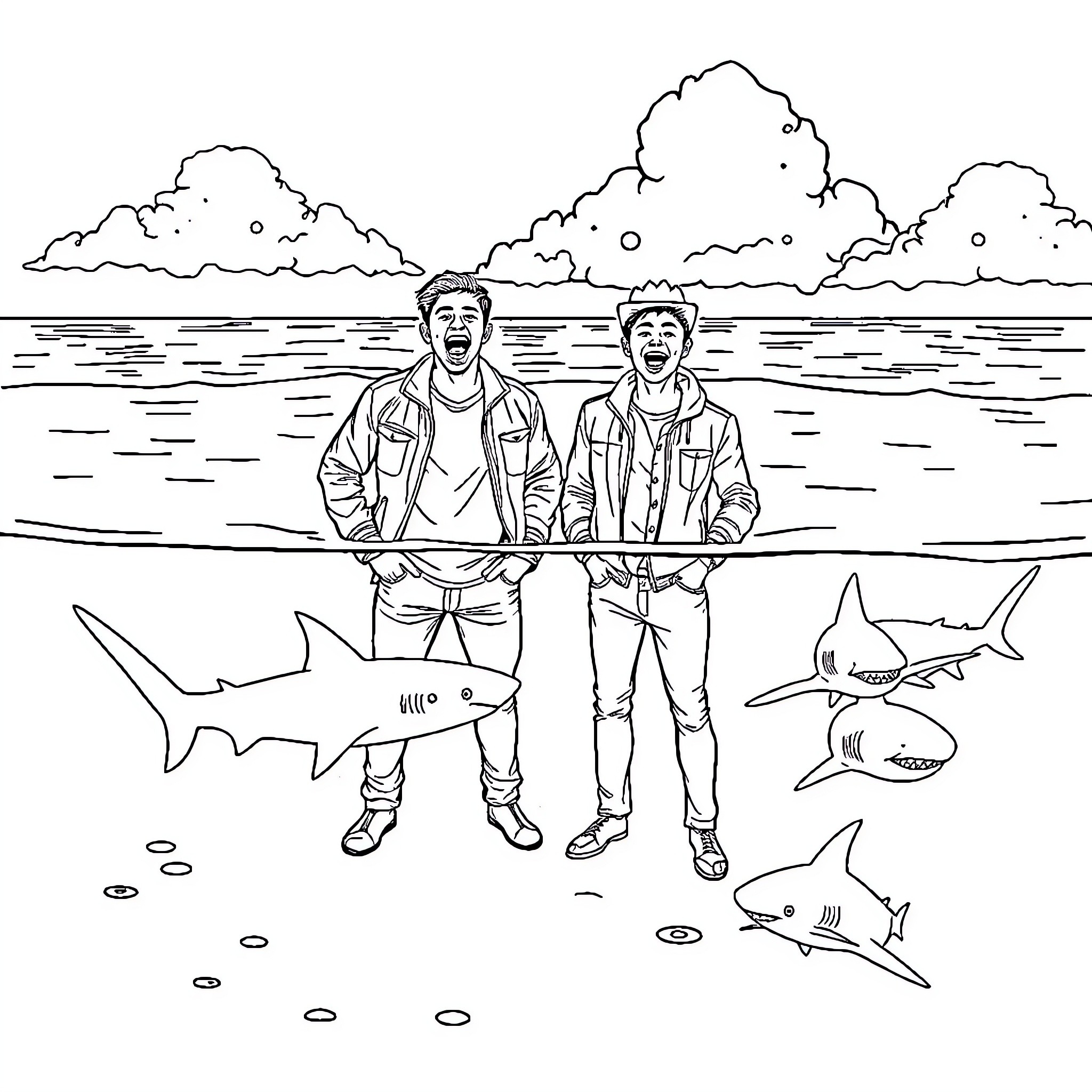 Jonas Brothers posing with sharks in the ocean Coloring Page (free black-and-white line drawing printable PDF for all, from beginners to advanced learners, including children, teens, adults, and seniors)