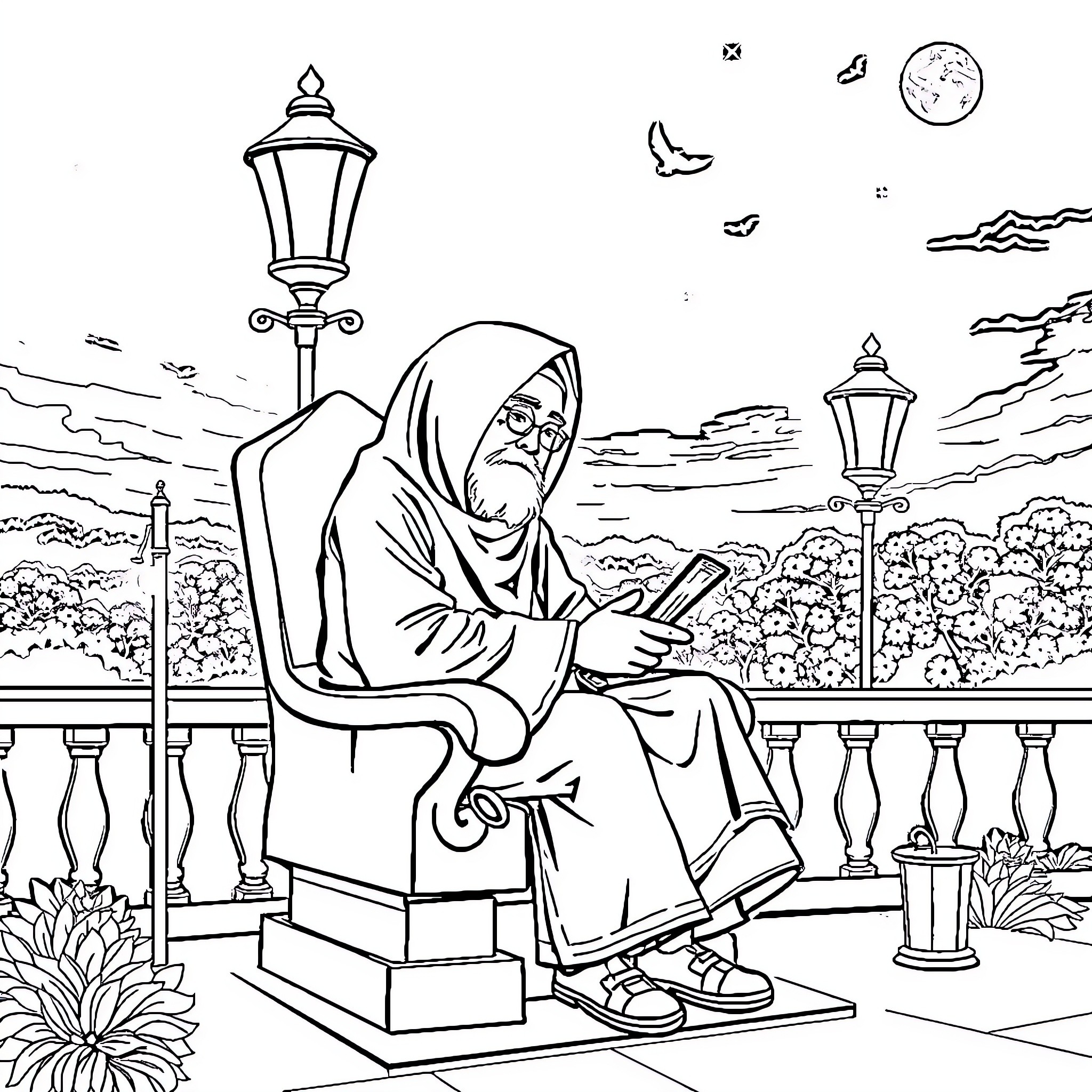 Pemuda Contemplating in the Serene Landscape Coloring Page (free black-and-white line drawing printable PDF for all, from beginners to advanced learners, including children, teens, adults, and seniors)