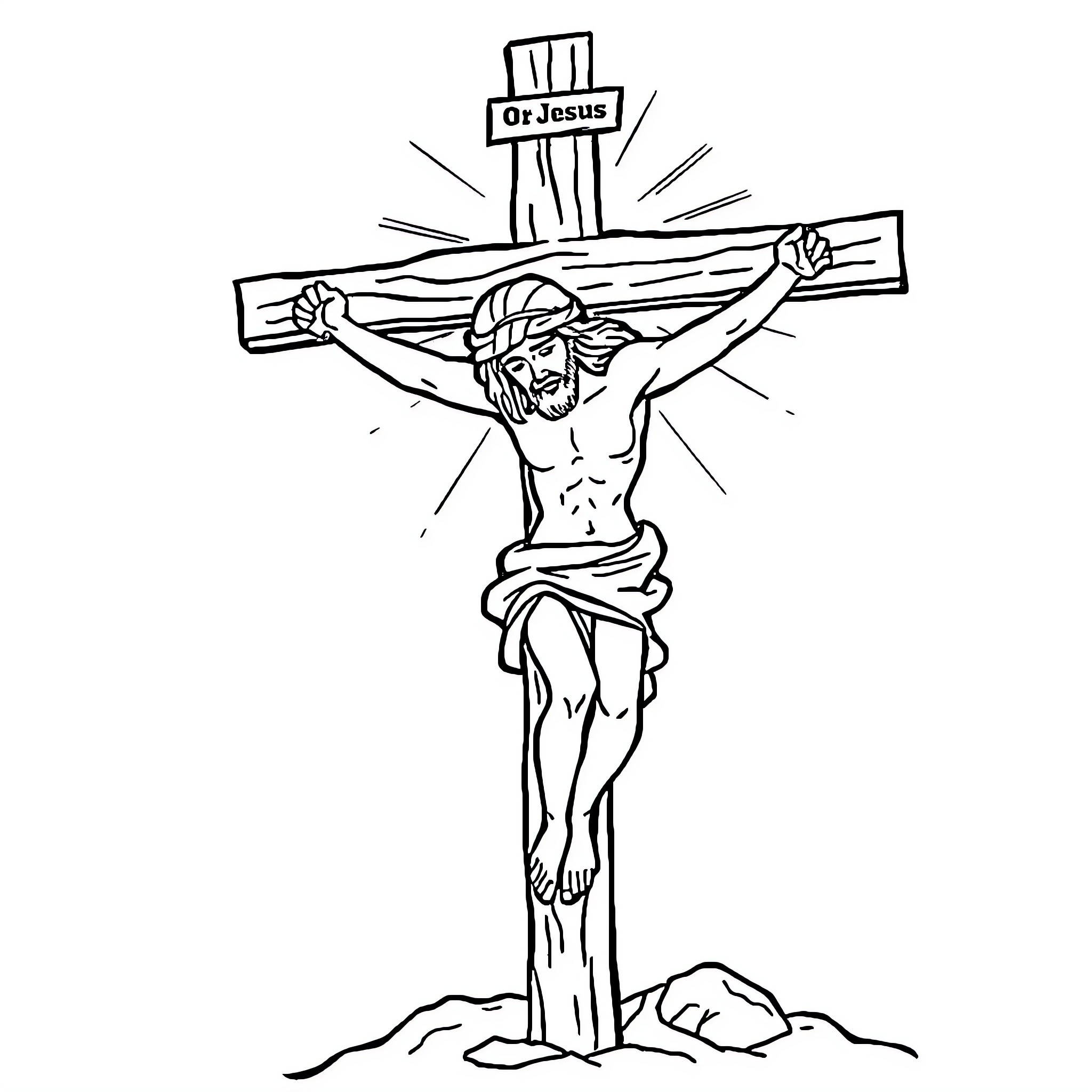 Jesus crucified on the cross Coloring Page (free black-and-white line drawing printable PDF for all, from beginners to advanced learners, including children, teens, adults, and seniors)