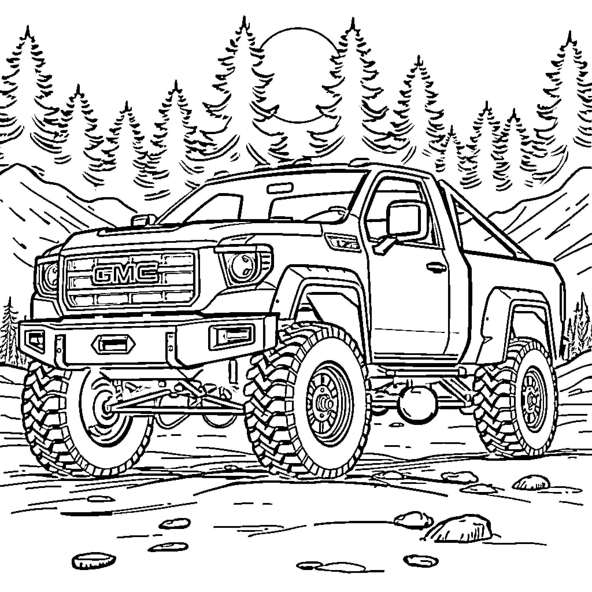 Truck off-roading in the wilderness Coloring Page (free black-and-white line drawing printable PDF for all, from beginners to advanced learners, including children, teens, adults, and seniors)