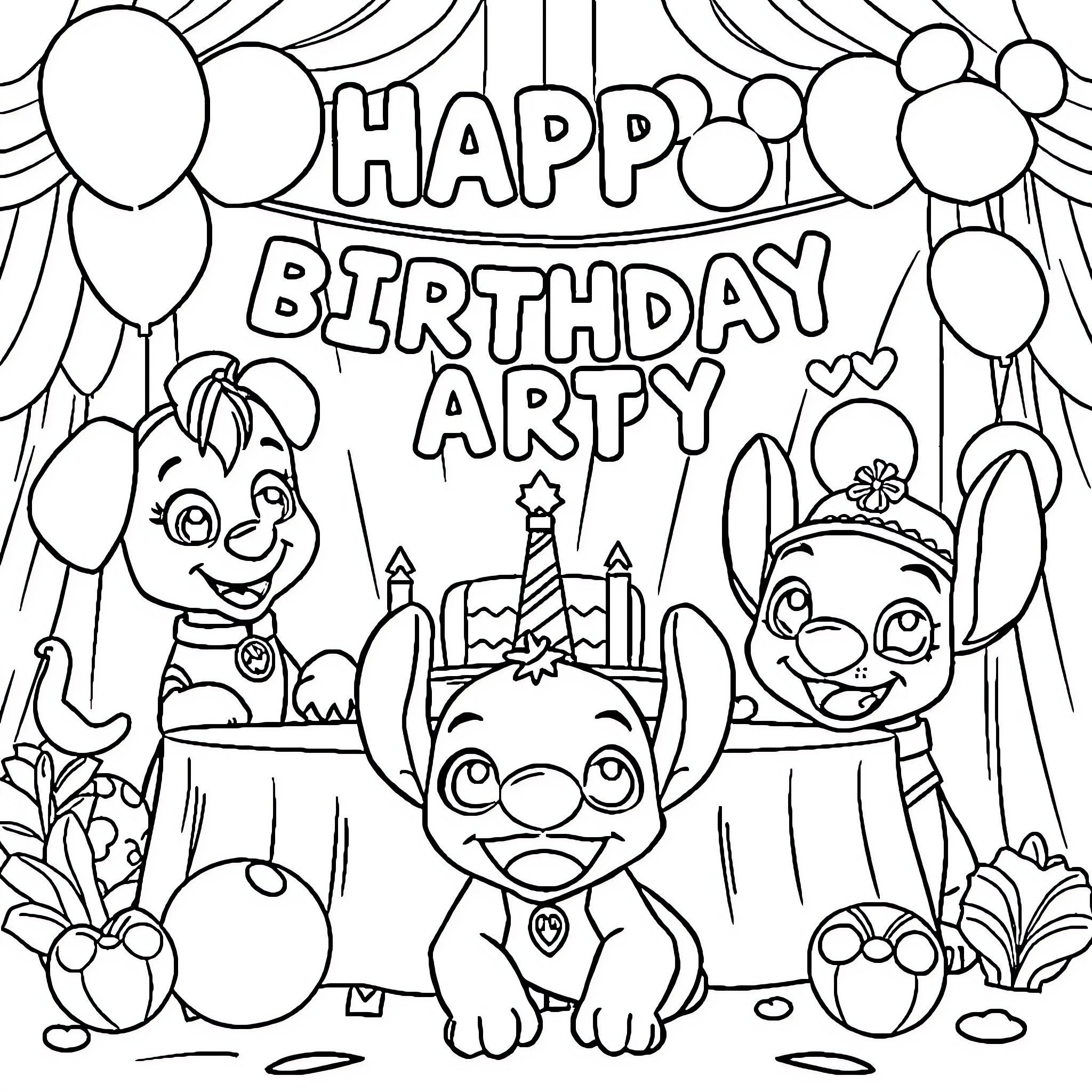 Party with Lively Characters and Festive Decor Coloring Page (free black-and-white line drawing printable PDF for all, from beginners to advanced learners, including children, teens, adults, and seniors)