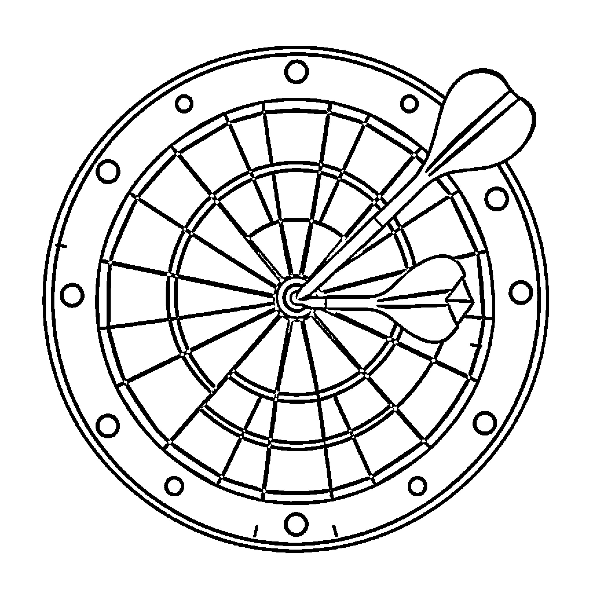 Dart board with darts Coloring Page (free black-and-white line drawing printable PDF for all, from beginners to advanced learners, including children, teens, adults, and seniors)