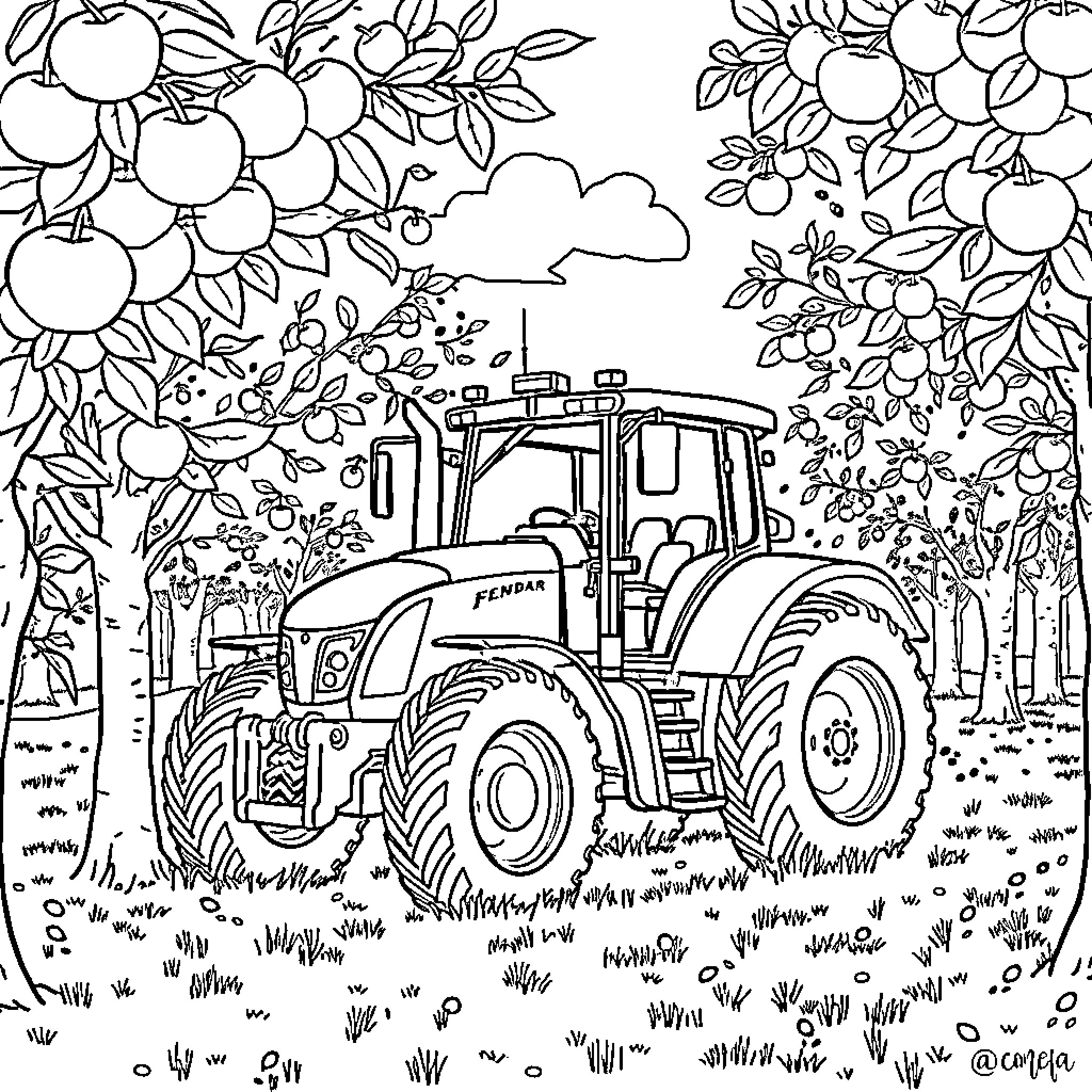 Tractor navigating through the orchard Coloring Page (free black-and-white line drawing printable PDF for all, from beginners to advanced learners, including children, teens, adults, and seniors)