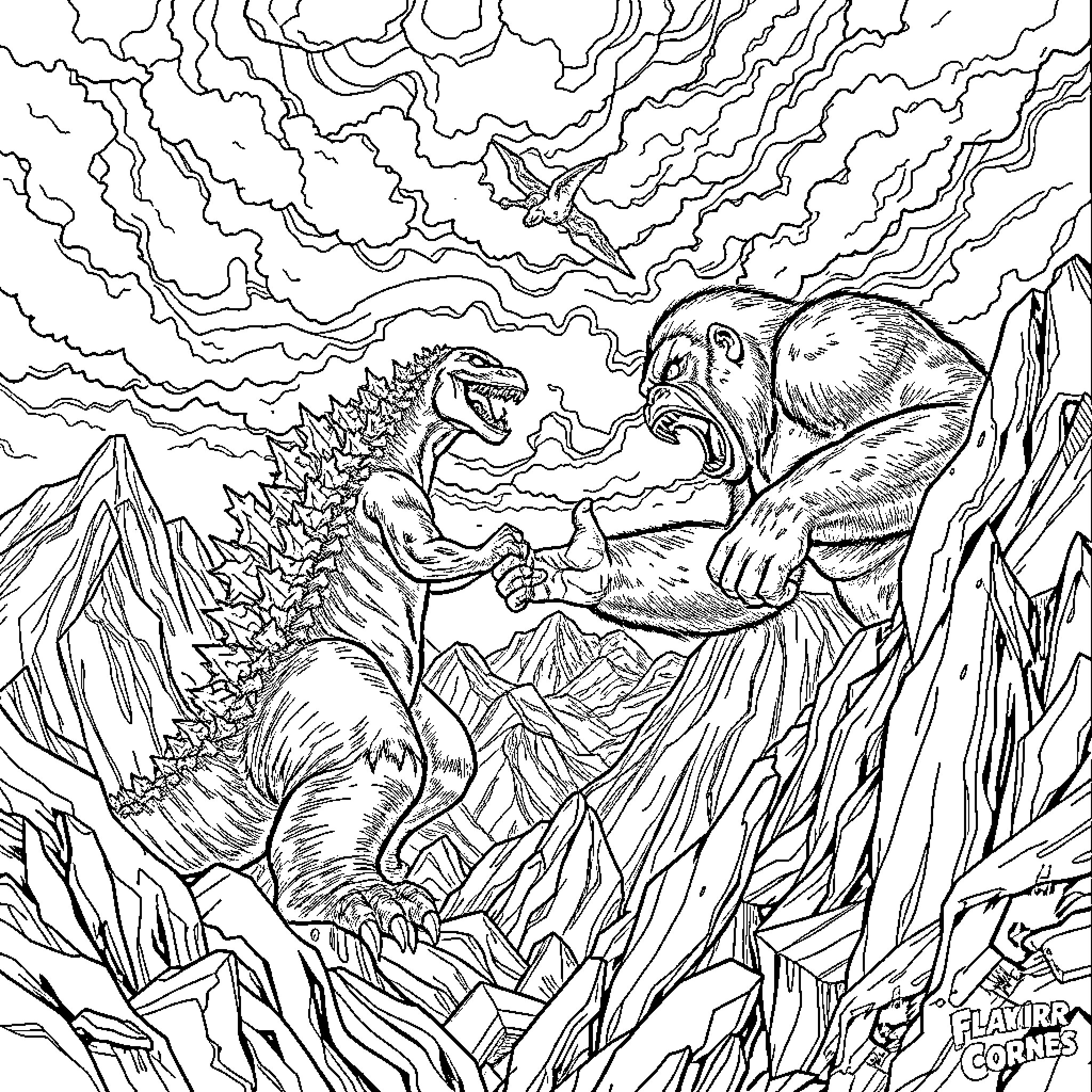 Godzilla battling a gigantic beast in an epic confrontation Coloring Page (free black-and-white line drawing printable PDF for all, from beginners to advanced learners, including children, teens, adults, and seniors)
