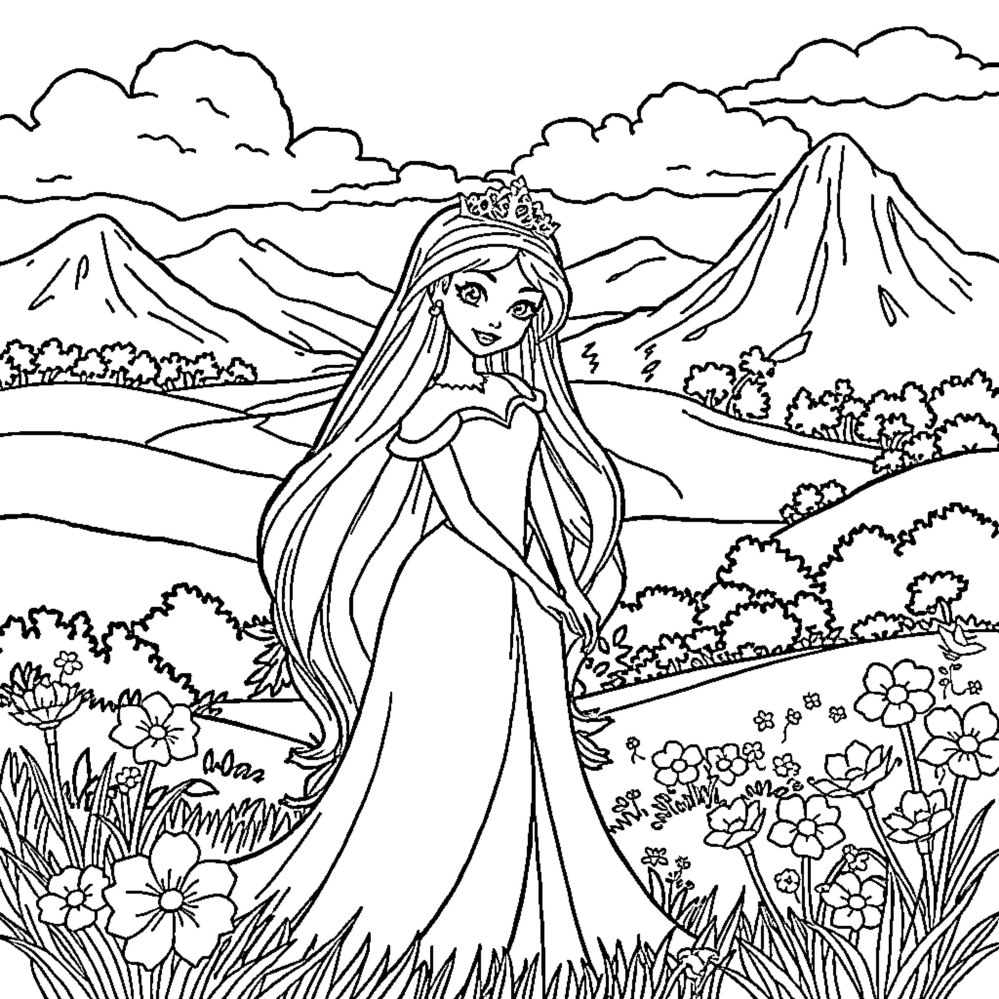 Rapunzel exploring the enchanting mountain landscape Coloring Page (free black-and-white line drawing printable PDF for all, from beginners to advanced learners, including children, teens, adults, and seniors)