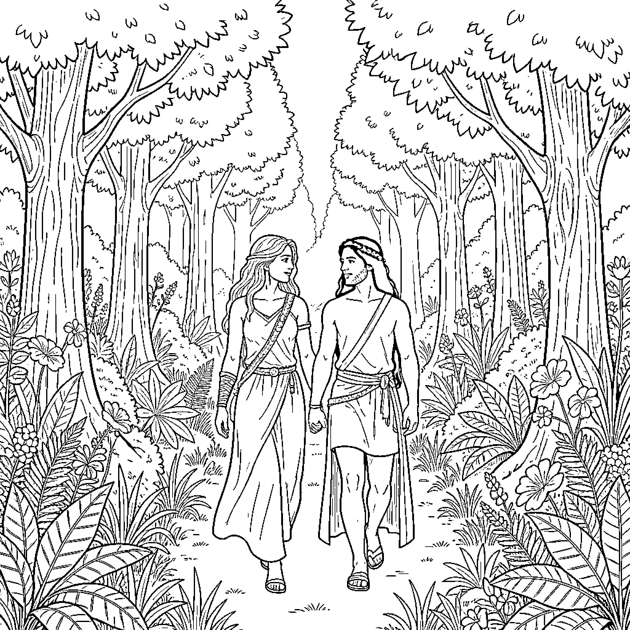 Adam and Eve walking through a lush forest Coloring Page (free black-and-white line drawing printable PDF for all, from beginners to advanced learners, including children, teens, adults, and seniors)