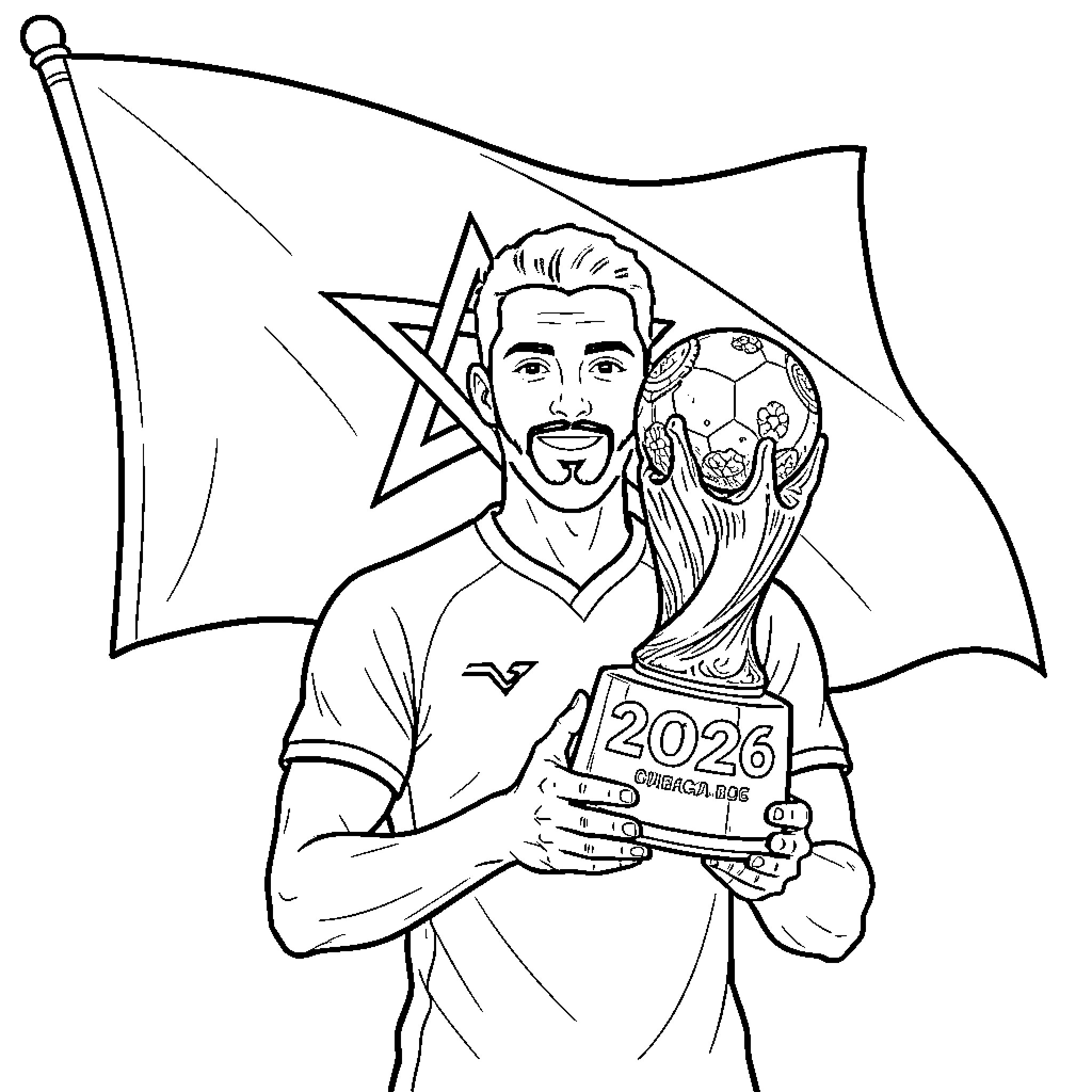 Joueur de football célébrant une victoire avec un trophée Coloring Page (free black-and-white line drawing printable PDF for all, from beginners to advanced learners, including children, teens, adults, and seniors)