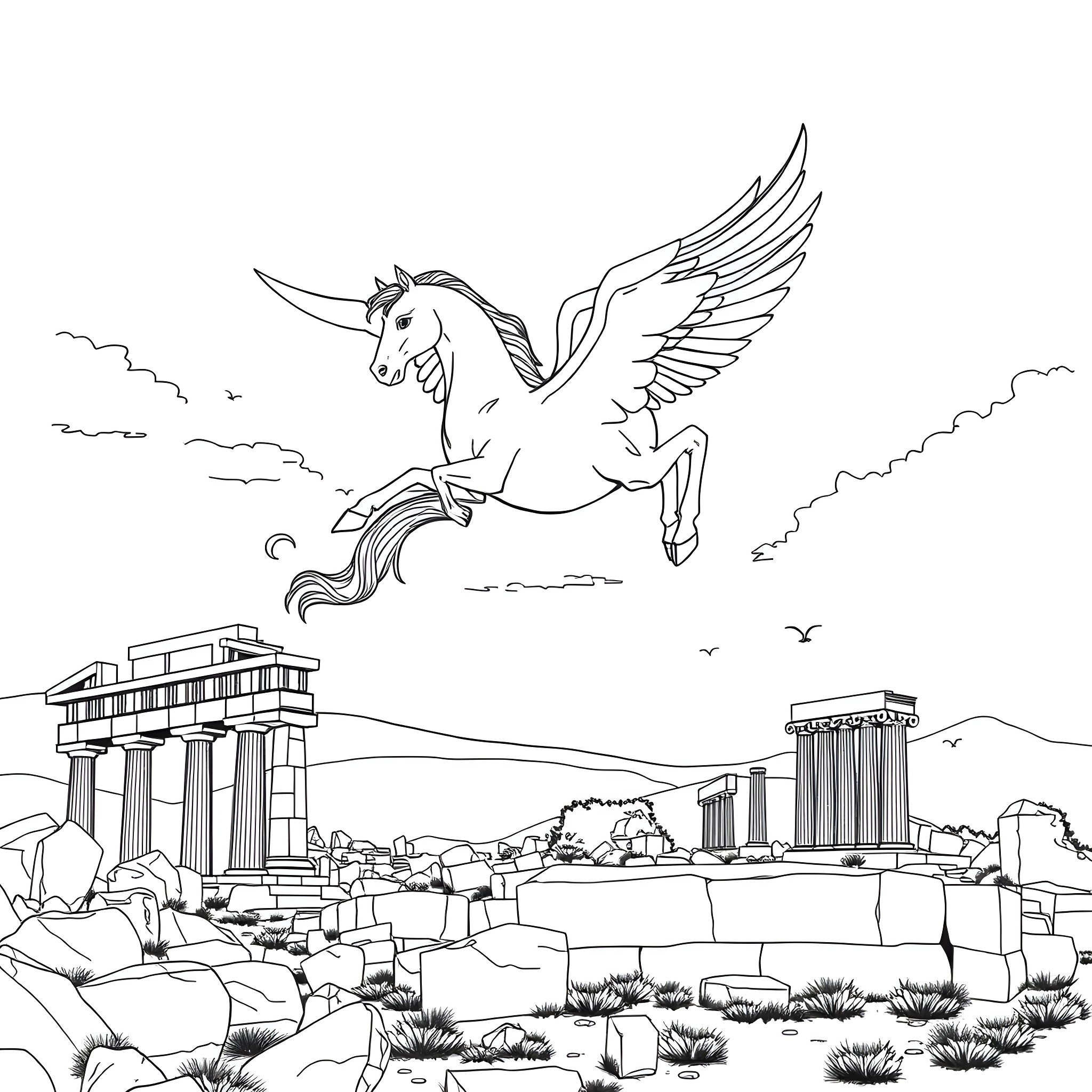 Pegasus soaring over ancient Greek ruins Coloring Page (free black-and-white line drawing printable PDF for all, from beginners to advanced learners, including children, teens, adults, and seniors)