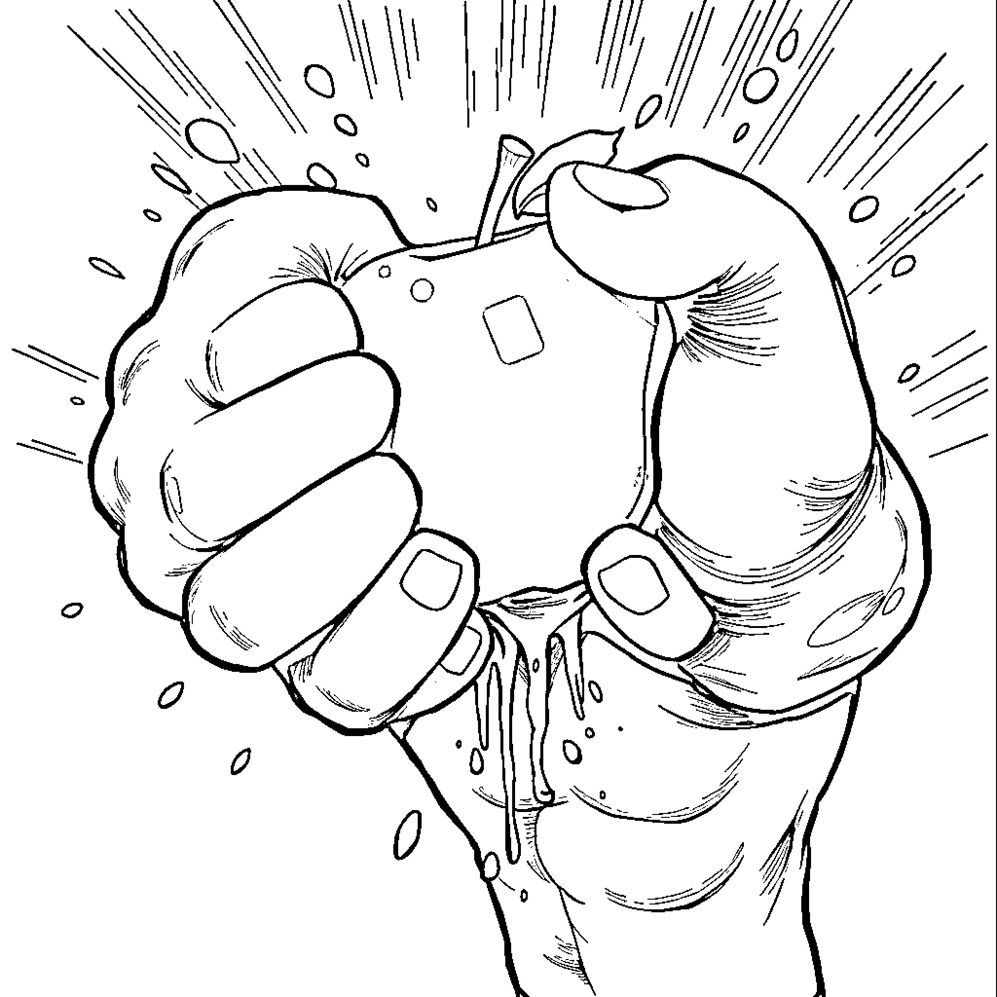 Hulk smashing through with force Coloring Page (free black-and-white line drawing printable PDF for all, from beginners to advanced learners, including children, teens, adults, and seniors)