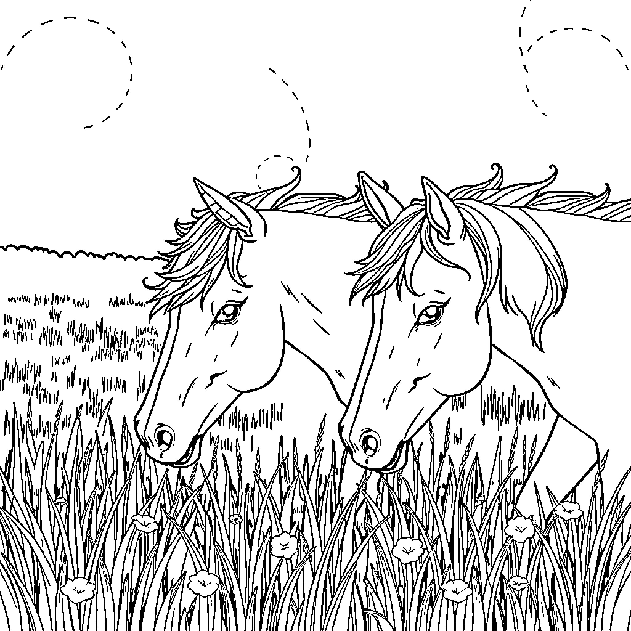 Unicorn friends relaxing in a grassy field Coloring Page (free black-and-white line drawing printable PDF for all, from beginners to advanced learners, including children, teens, adults, and seniors)