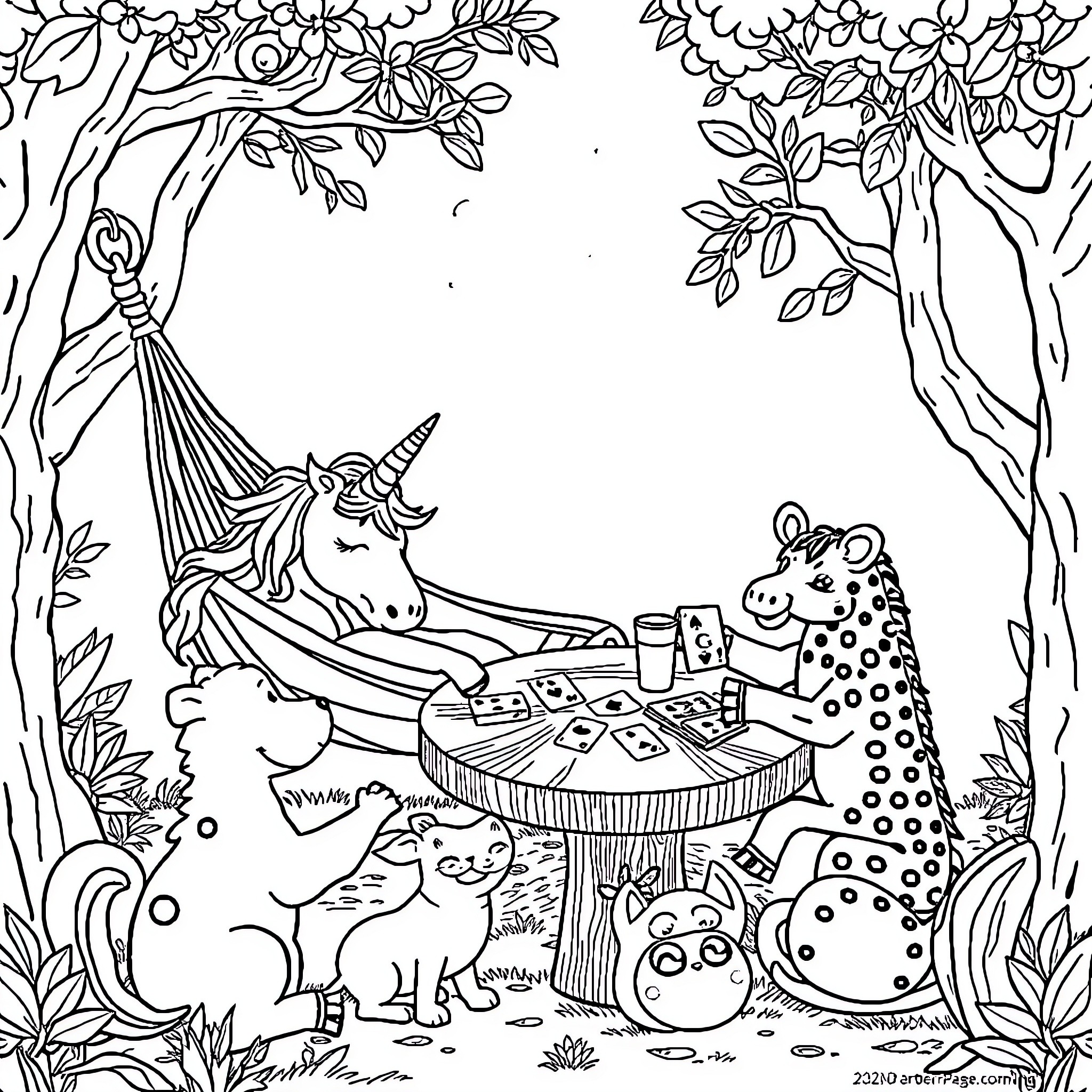 Unicorn enjoying a picnic with forest animal friends Coloring Page (free black-and-white line drawing printable PDF for all, from beginners to advanced learners, including children, teens, adults, and seniors)