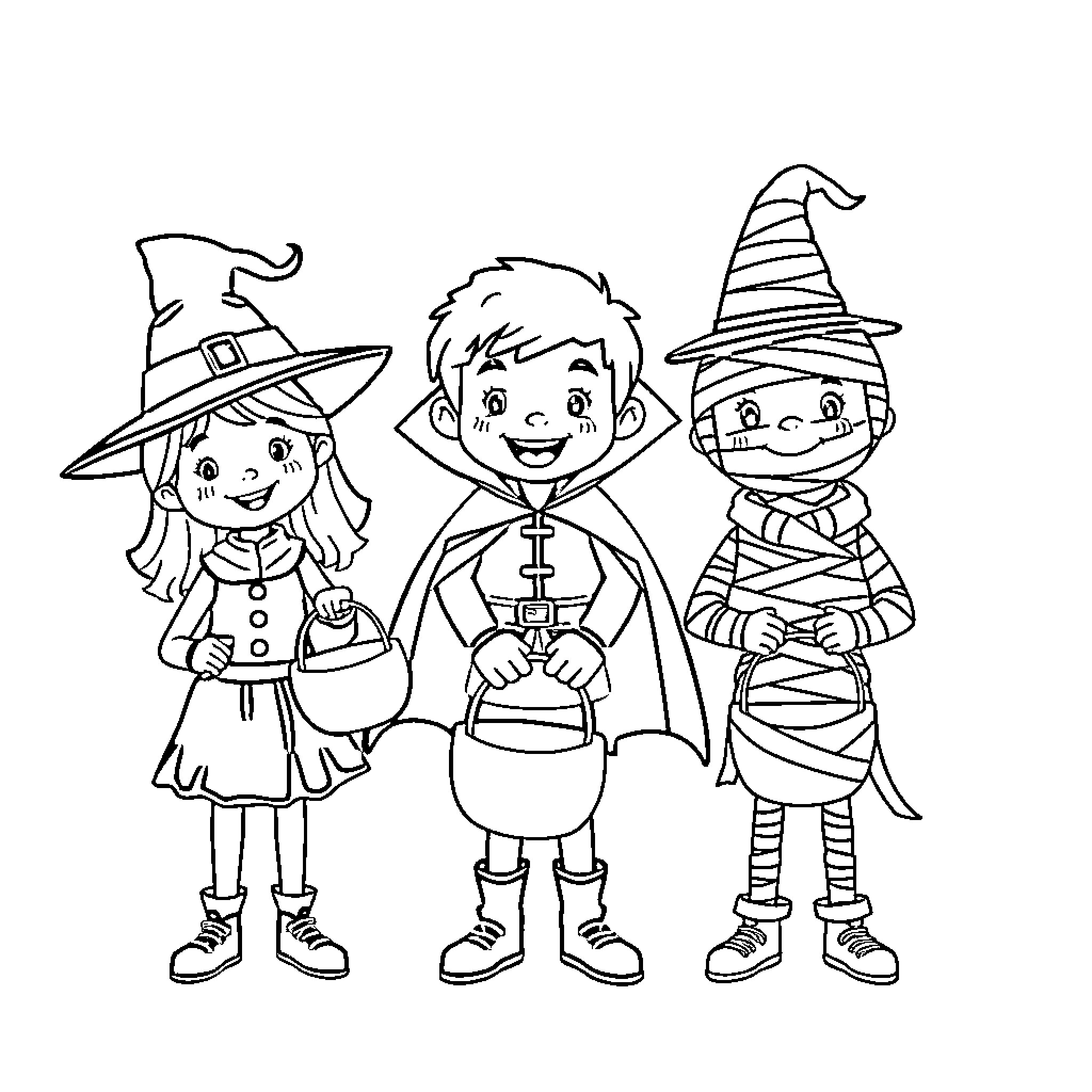 Kid Halloween Costumes Trick-or-Treating Coloring Page (free black-and-white line drawing printable PDF for all, from beginners to advanced learners, including children, teens, adults, and seniors)
