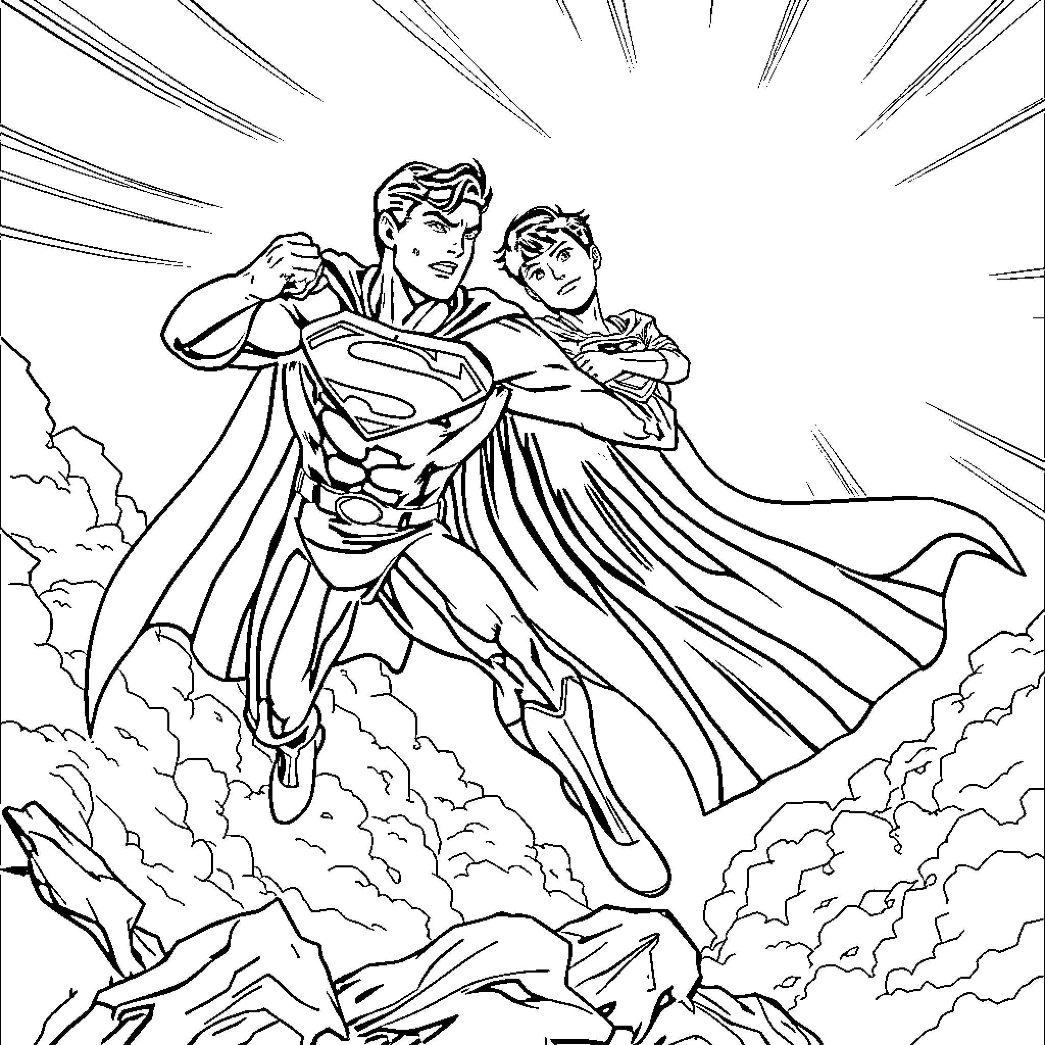 Tralalero: Superhero duo soaring through the sky Coloring Page (free black-and-white line drawing printable PDF for all, from beginners to advanced learners, including children, teens, adults, and seniors)