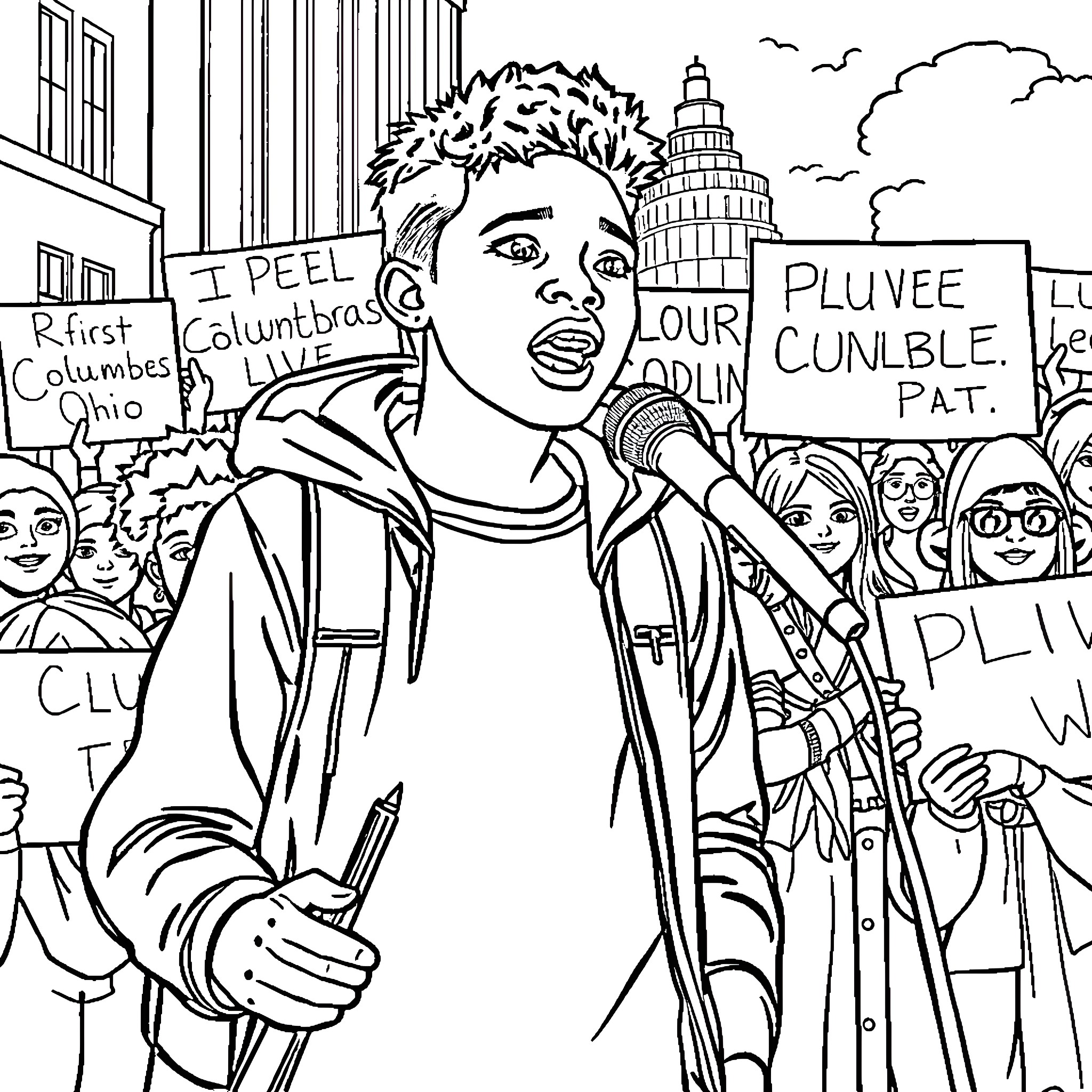 Youth Protesting for Social Justice Coloring Page (free black-and-white line drawing printable PDF for all, from beginners to advanced learners, including children, teens, adults, and seniors)