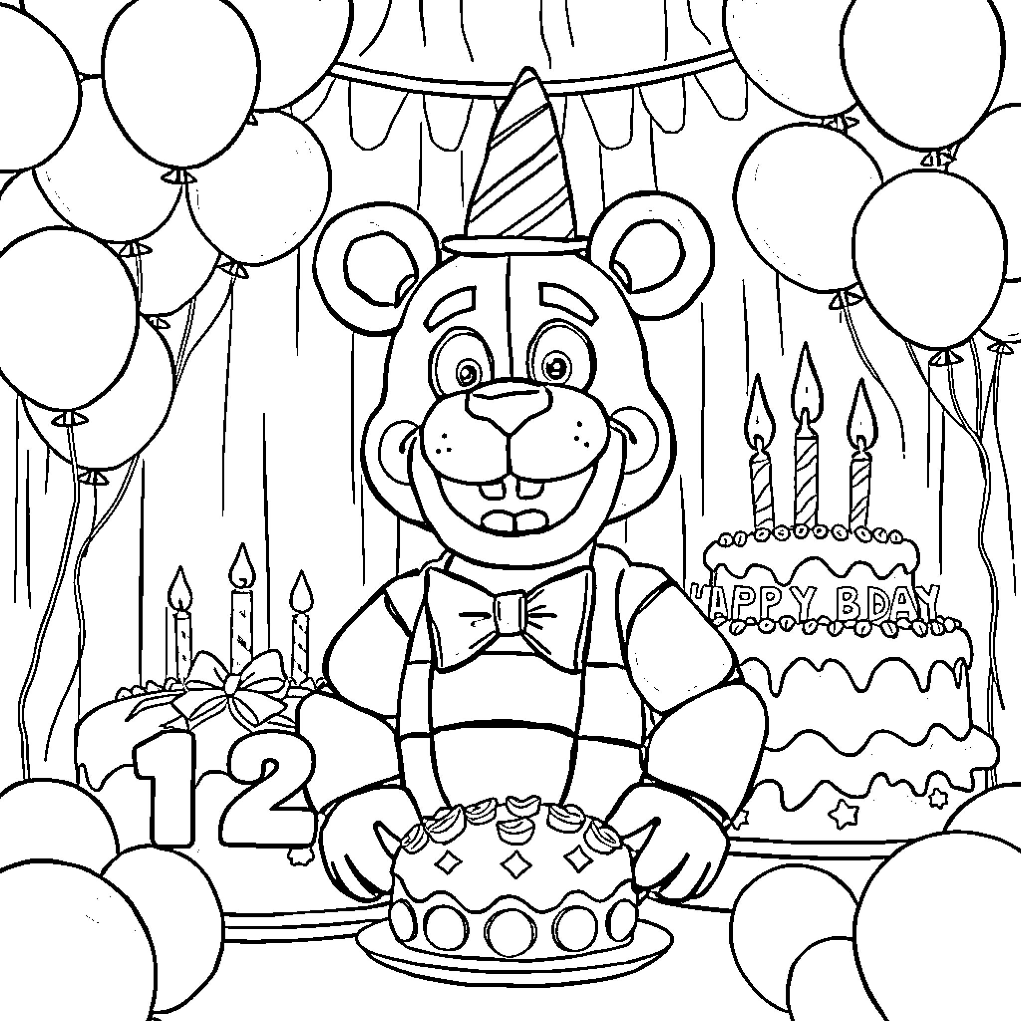 Freddy Fazbear celebrates his birthday with a cake and balloons Coloring Page (free black-and-white line drawing printable PDF for all, from beginners to advanced learners, including children, teens, adults, and seniors)