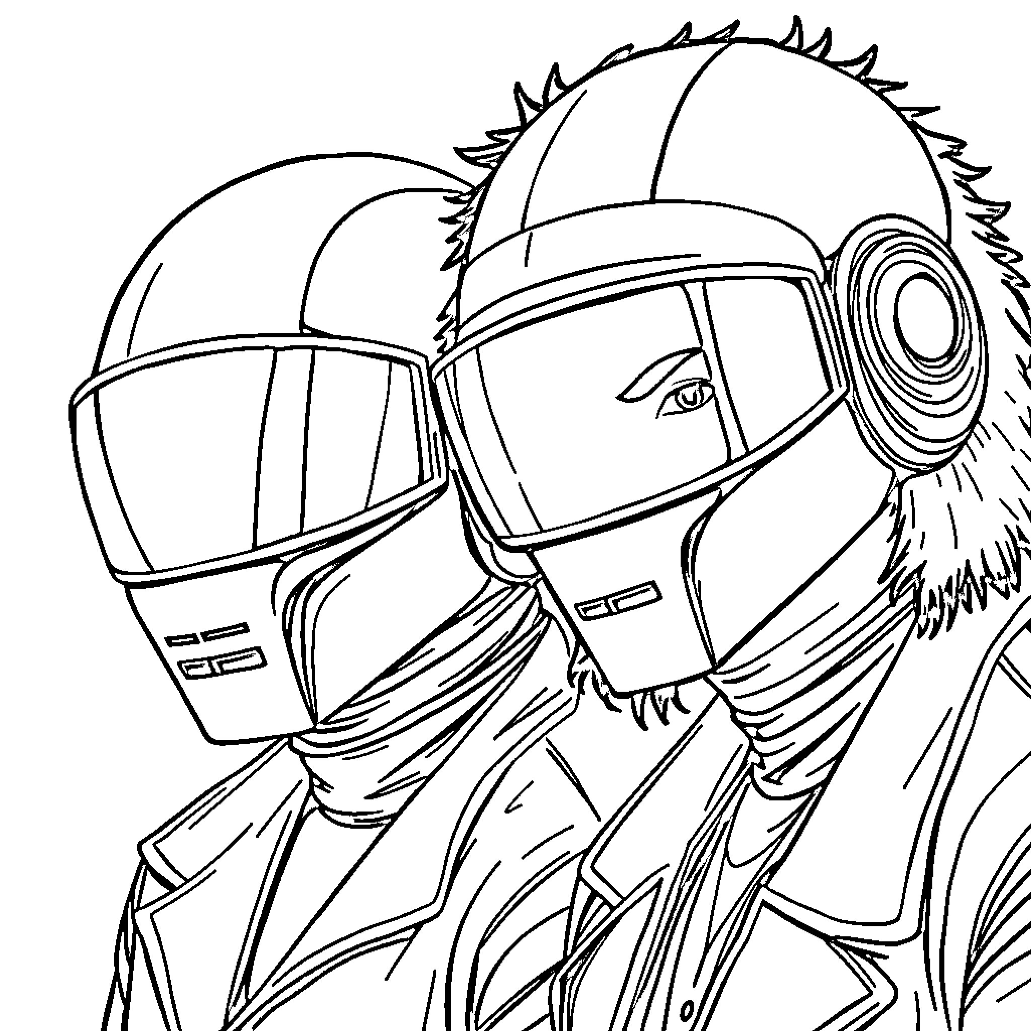 Daft Punk musicians in robotic outfits Coloring Page (free black-and-white line drawing printable PDF for all, from beginners to advanced learners, including children, teens, adults, and seniors)