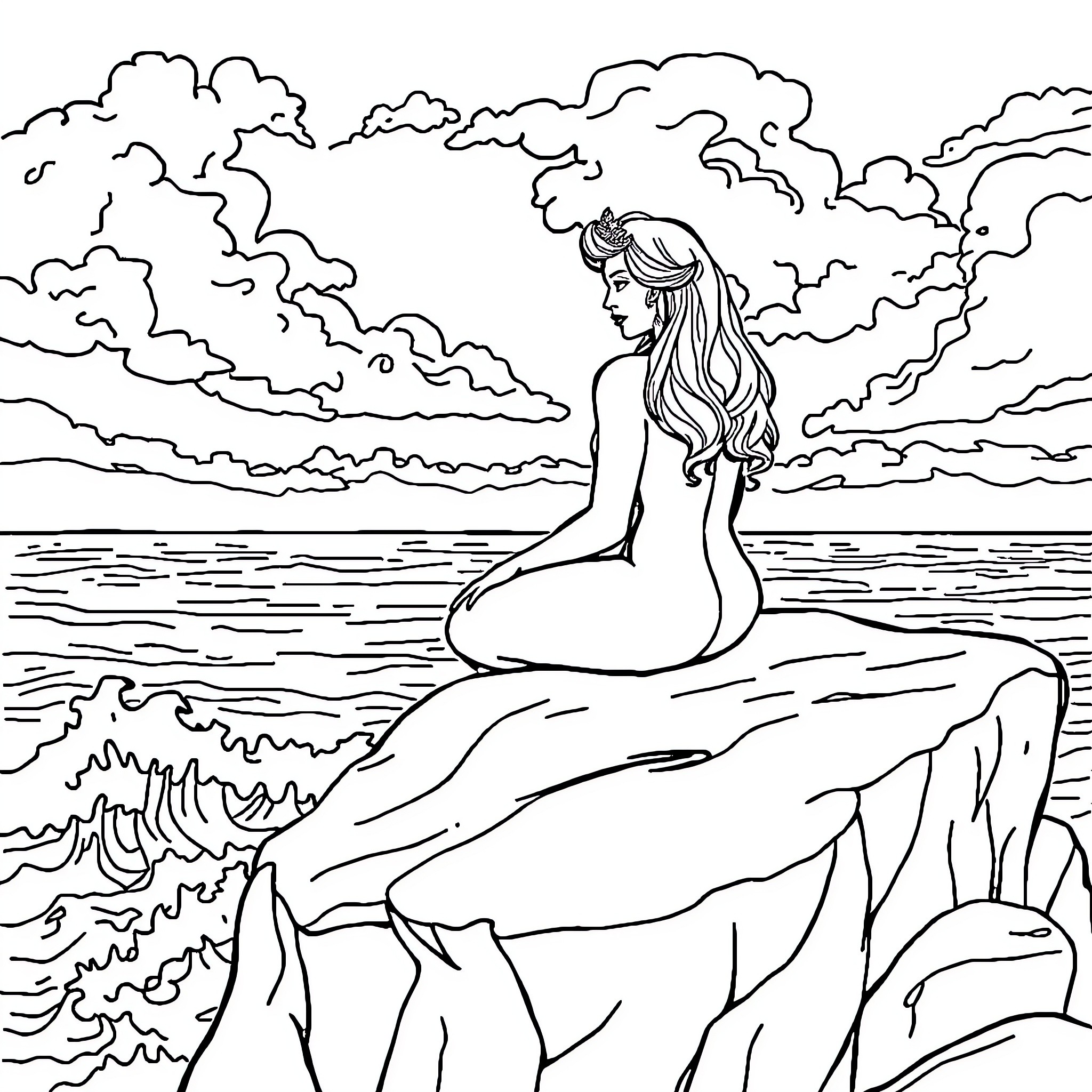 Mermaid gazing at the ocean sunset Coloring Page (free black-and-white line drawing printable PDF for all, from beginners to advanced learners, including children, teens, adults, and seniors)