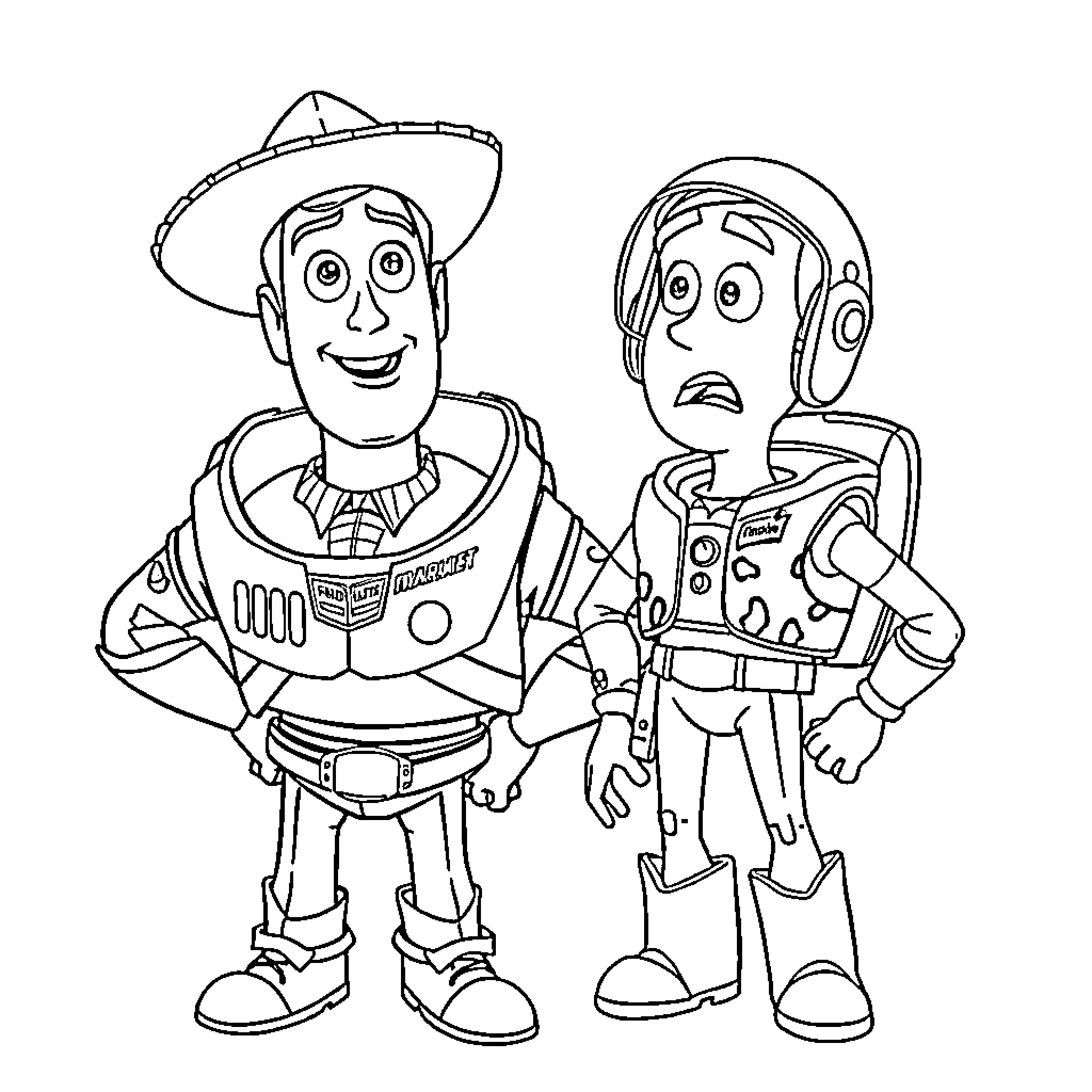 Buzz and Woody in friendly adventure Coloring Page (free black-and-white line drawing printable PDF for all, from beginners to advanced learners, including children, teens, adults, and seniors)