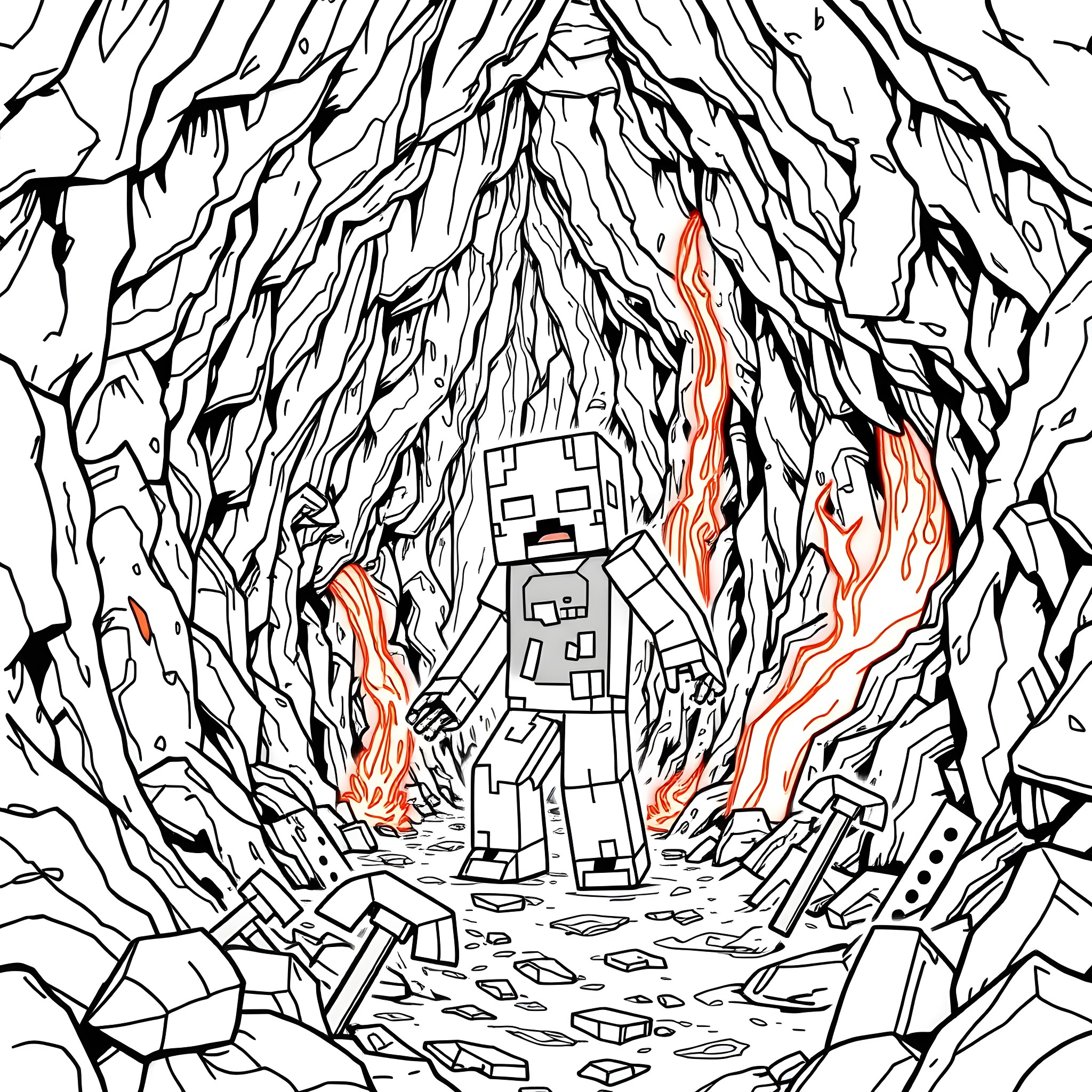 Zombie Survivor in a Dangerous Dungeon Coloring Page (free black-and-white line drawing printable PDF for all, from beginners to advanced learners, including children, teens, adults, and seniors)