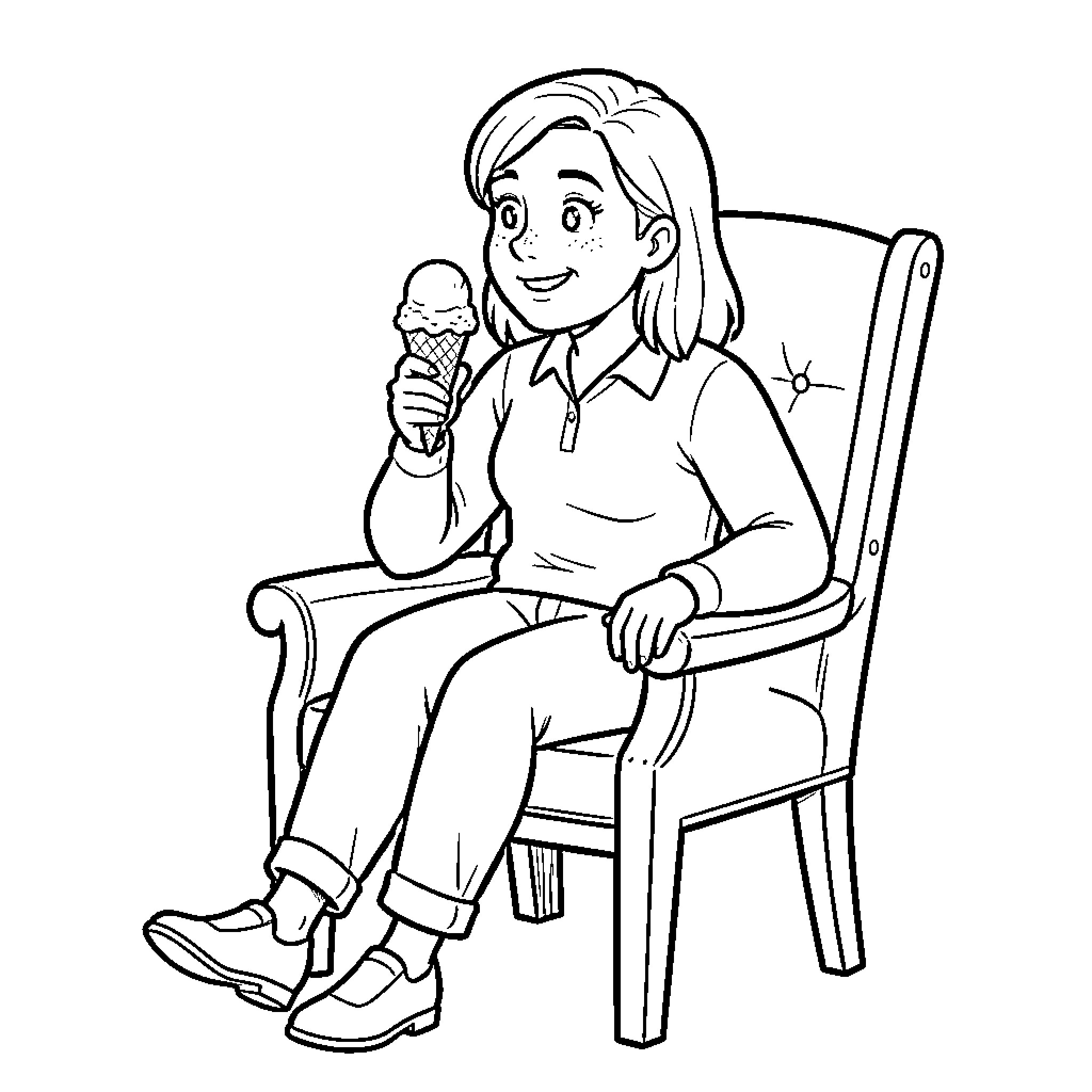 Teacher sitting in a chair eating ice cream Coloring Page (free black-and-white line drawing printable PDF for all, from beginners to advanced learners, including children, teens, adults, and seniors)