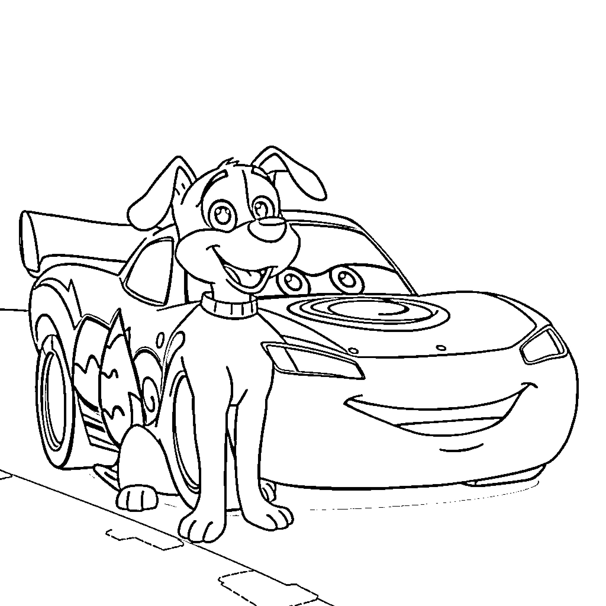 Dog driving a race car happily Coloring Page (free black-and-white line drawing printable PDF for all, from beginners to advanced learners, including children, teens, adults, and seniors)
