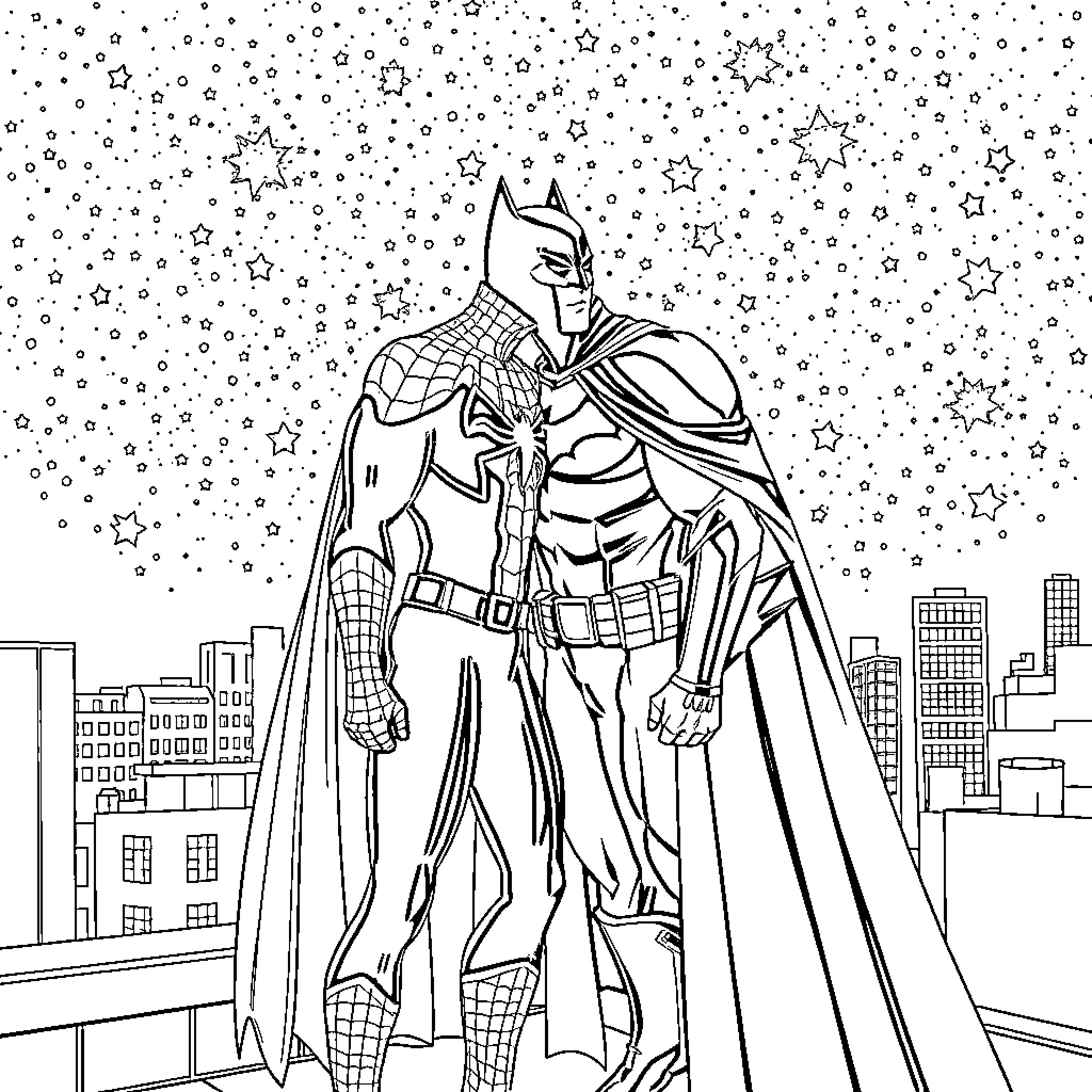 Spider-Man standing tall in the night sky Coloring Page (free black-and-white line drawing printable PDF for all, from beginners to advanced learners, including children, teens, adults, and seniors)
