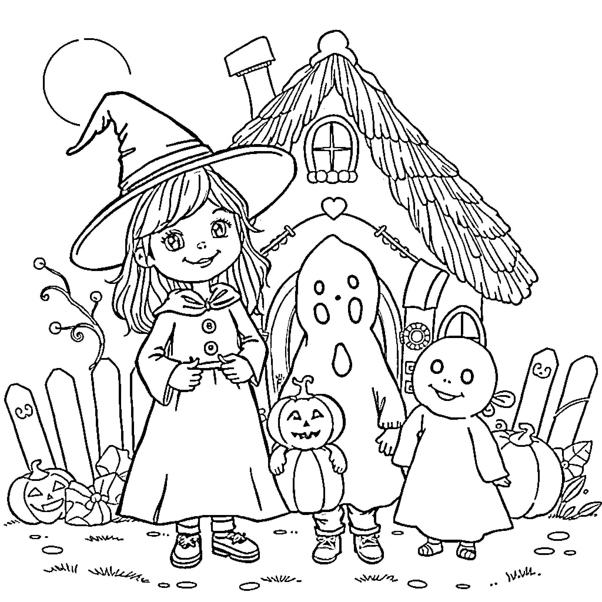Witch and Friends Enjoy Halloween Festivities Coloring Page (free black-and-white line drawing printable PDF for all, from beginners to advanced learners, including children, teens, adults, and seniors)