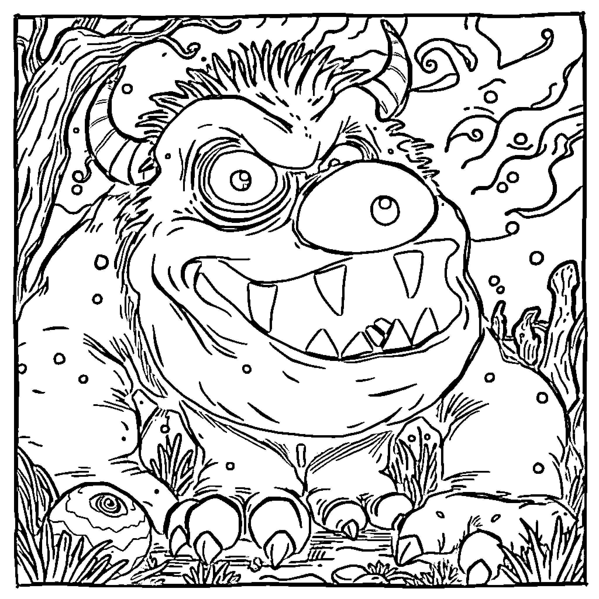 Monster with sharp teeth in the underwater world Coloring Page (free black-and-white line drawing printable PDF for all, from beginners to advanced learners, including children, teens, adults, and seniors)
