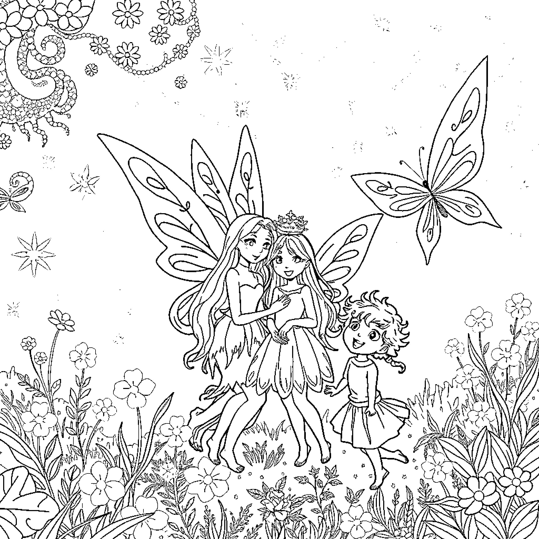 Fairy friends explore a magical meadow Coloring Page (free black-and-white line drawing printable PDF for all, from beginners to advanced learners, including children, teens, adults, and seniors)