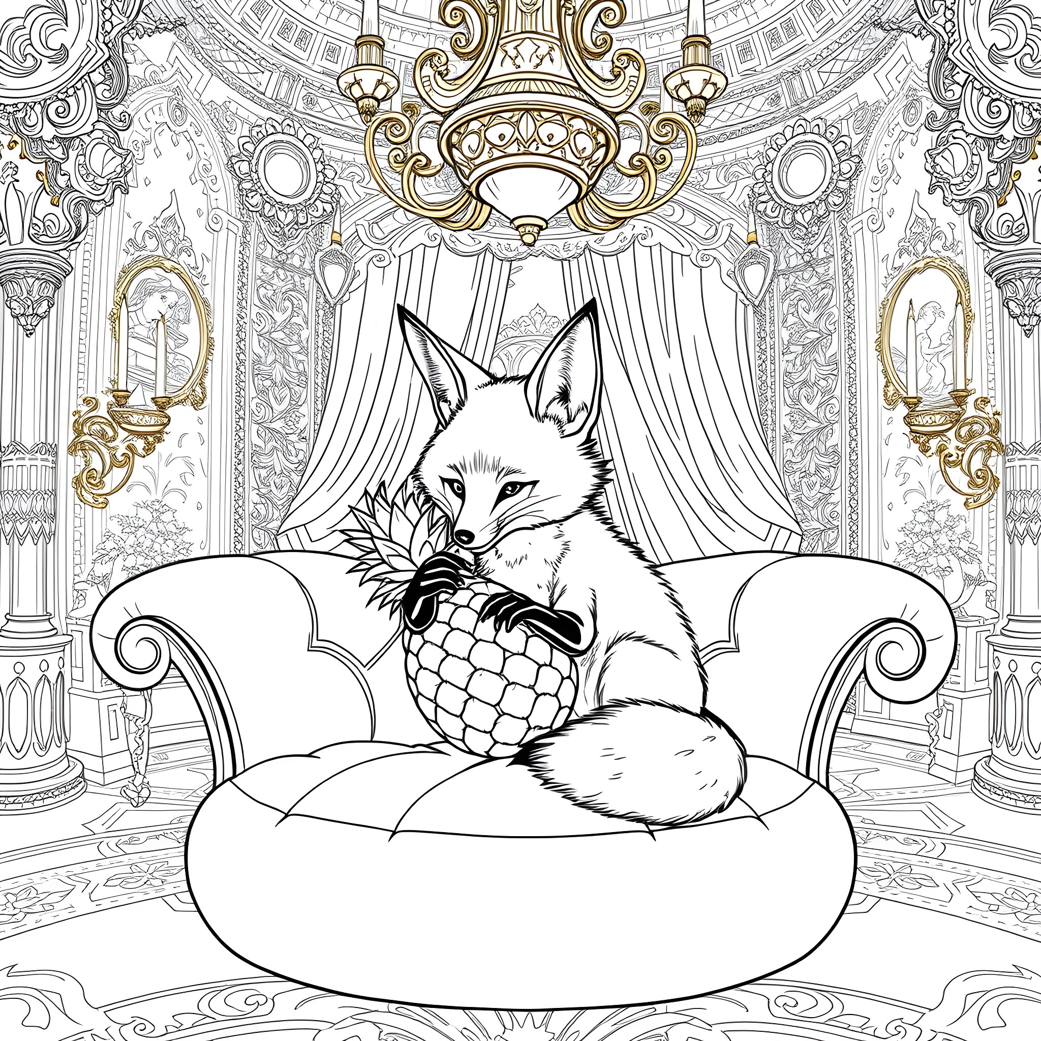 Fox reclining on ornate throne with pineapple Coloring Page (free black-and-white line drawing printable PDF for all, from beginners to advanced learners, including children, teens, adults, and seniors)