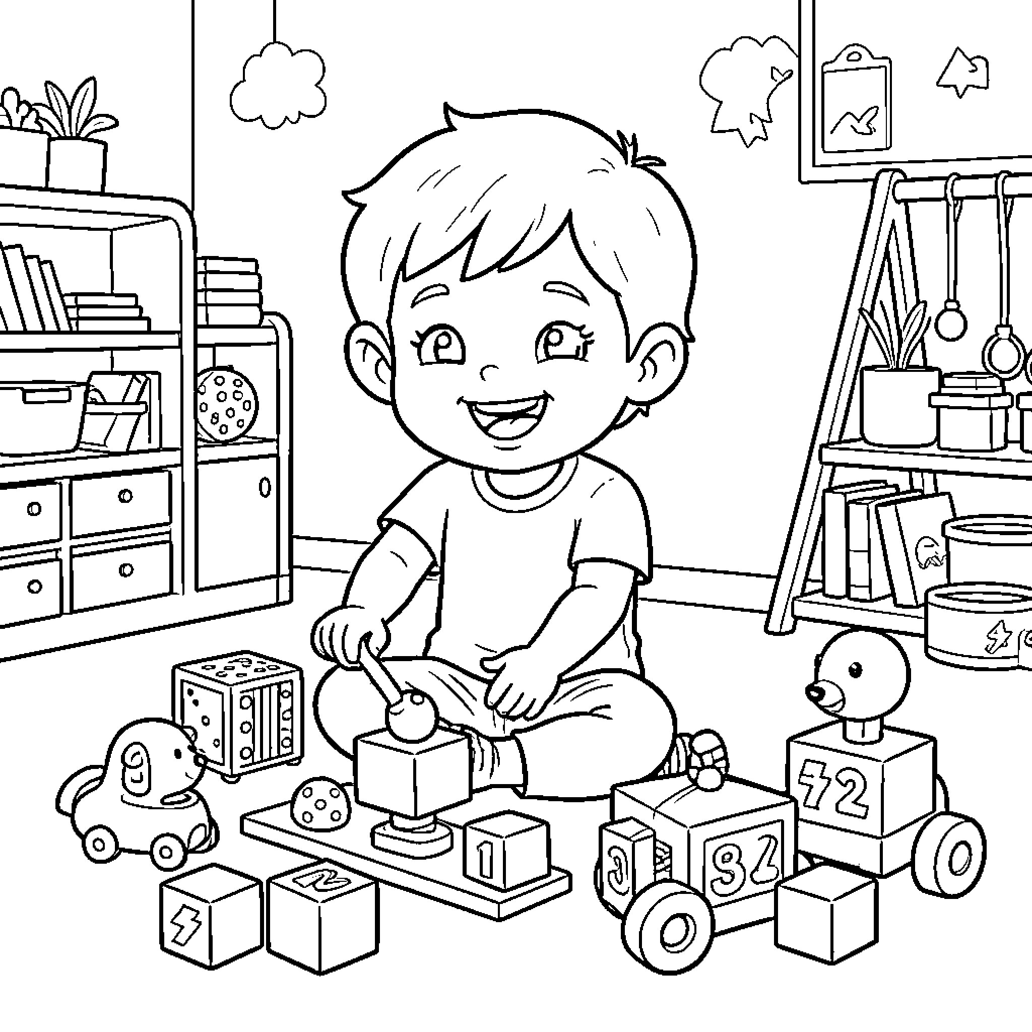 Child playing with toys in a playful room Coloring Page (free black-and-white line drawing printable PDF for all, from beginners to advanced learners, including children, teens, adults, and seniors)