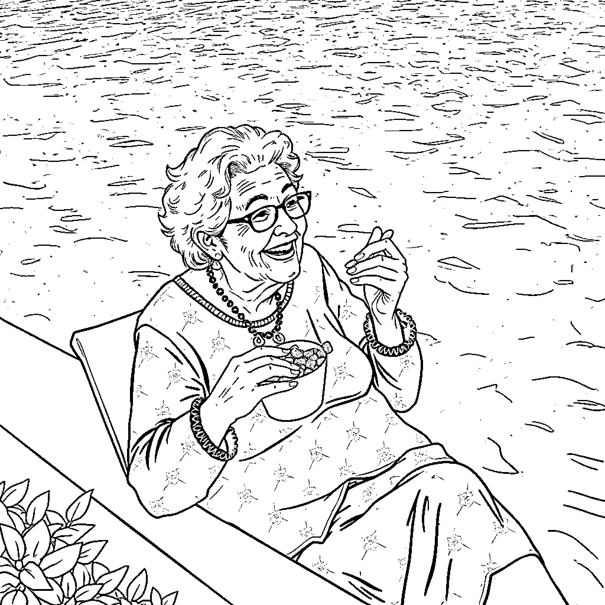 Grandma enjoying a snack and reading outdoors Coloring Page (free black-and-white line drawing printable PDF for all, from beginners to advanced learners, including children, teens, adults, and seniors)