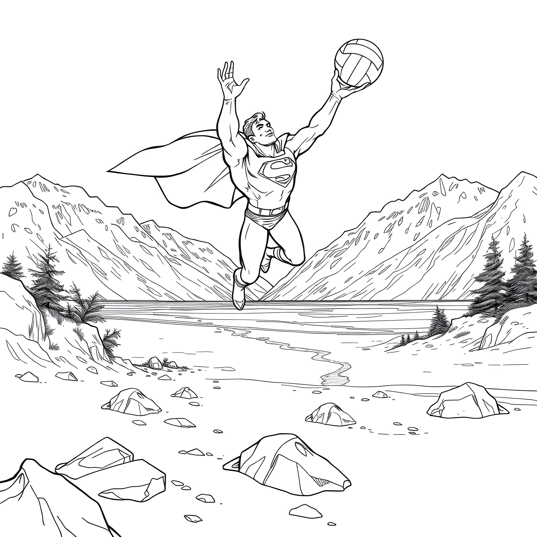Superman soaring high above the mountains Coloring Page (free black-and-white line drawing printable PDF for all, from beginners to advanced learners, including children, teens, adults, and seniors)