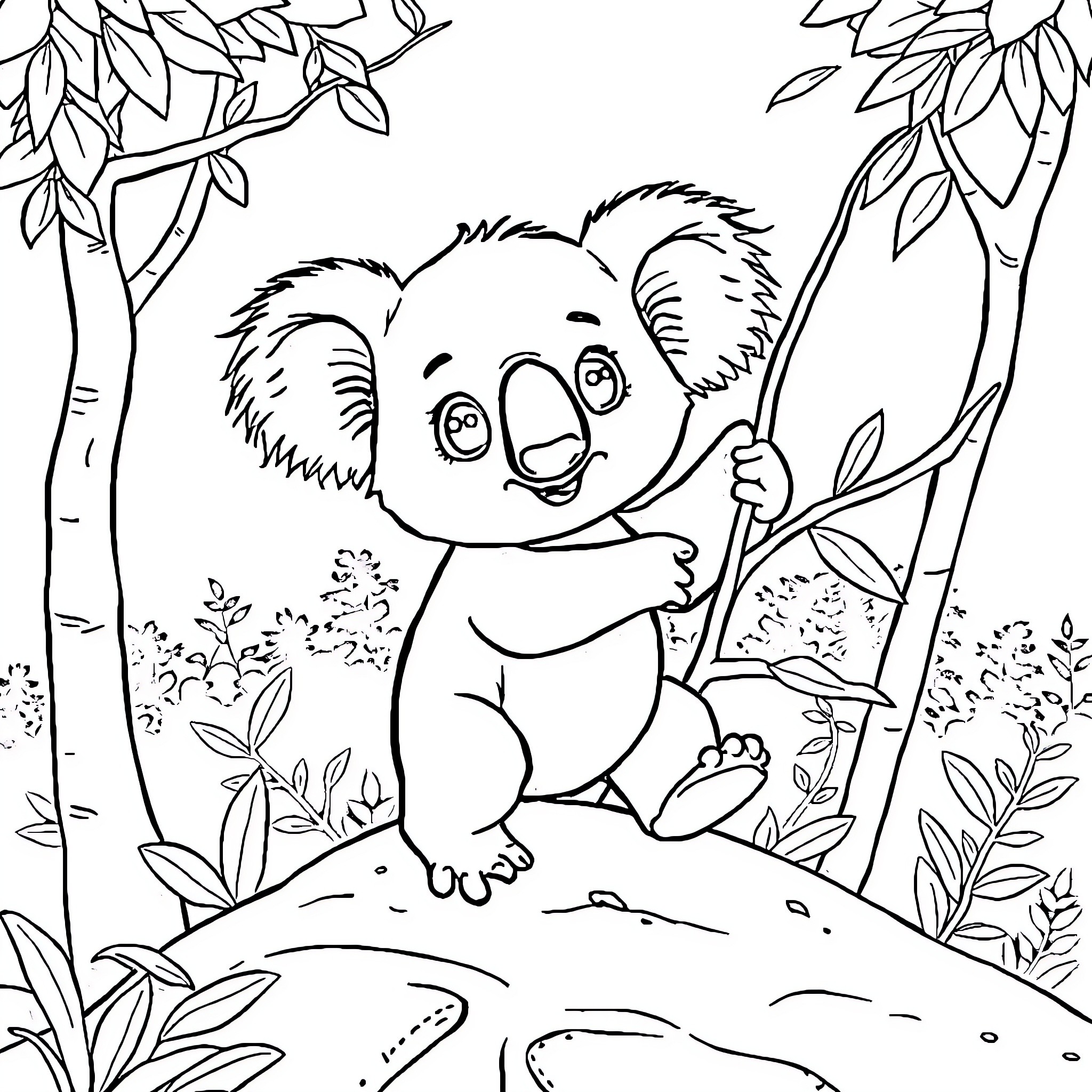 Koala playing happily in the forest Coloring Page (free black-and-white line drawing printable PDF for all, from beginners to advanced learners, including children, teens, adults, and seniors)
