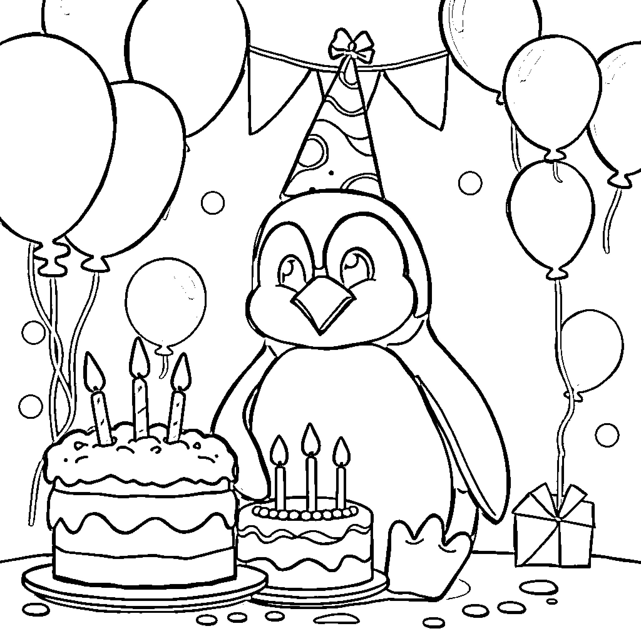 Penguin celebrating a birthday with cakes and balloons Coloring Page (free black-and-white line drawing printable PDF for all, from beginners to advanced learners, including children, teens, adults, and seniors)