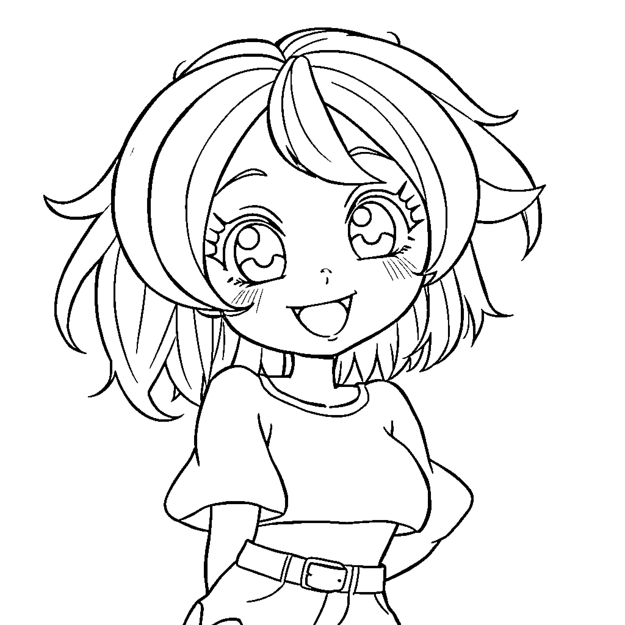 Anime Girl happily smiling and winking Coloring Page (free black-and-white line drawing printable PDF for all, from beginners to advanced learners, including children, teens, adults, and seniors)