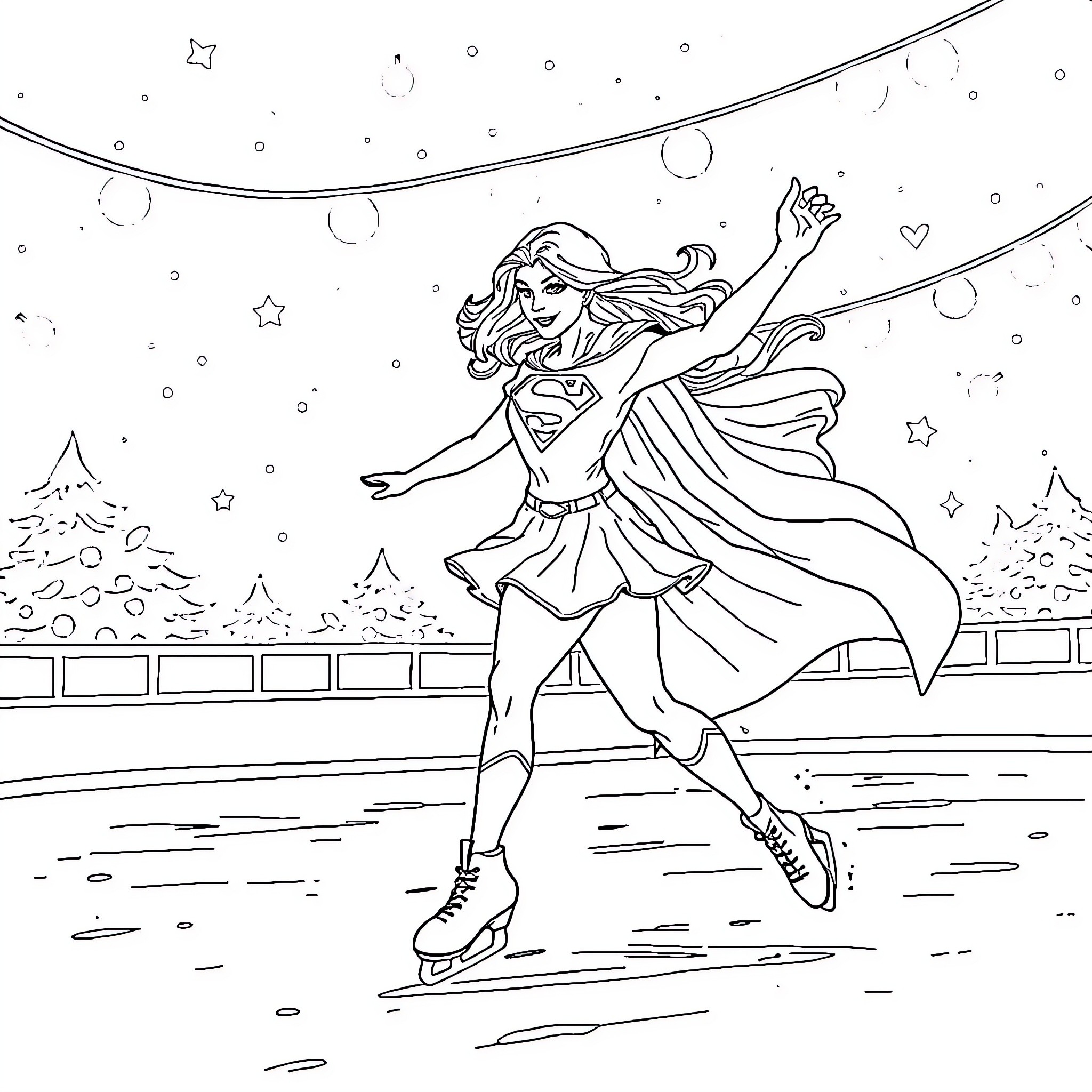 Supergirl gliding gracefully on an icy rink Coloring Page (free black-and-white line drawing printable PDF for all, from beginners to advanced learners, including children, teens, adults, and seniors)