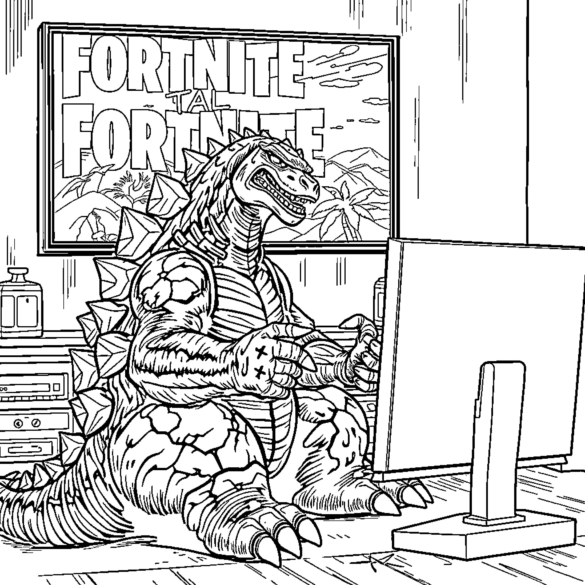 Godzilla battling in Fortnite video game scene Coloring Page (free black-and-white line drawing printable PDF for all, from beginners to advanced learners, including children, teens, adults, and seniors)