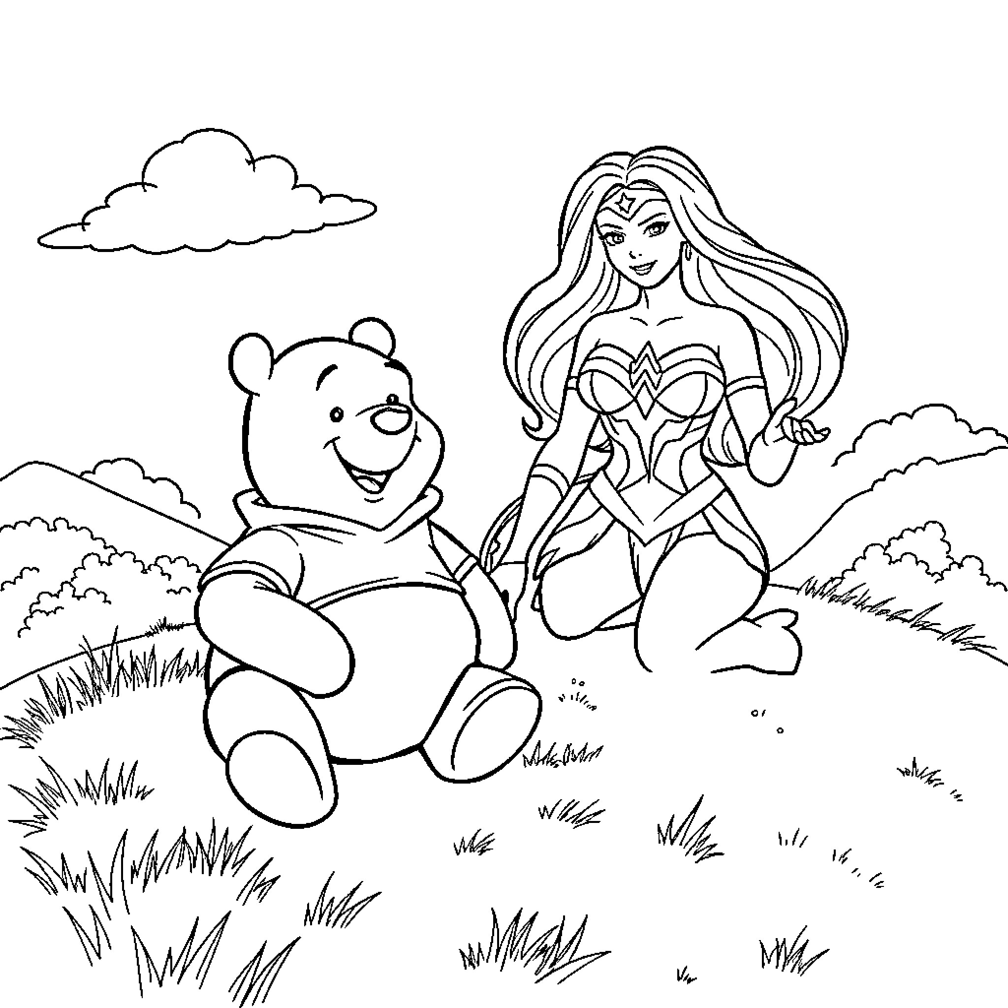 Pooh Bear meets Wonder Woman in the park Coloring Page (free black-and-white line drawing printable PDF for all, from beginners to advanced learners, including children, teens, adults, and seniors)