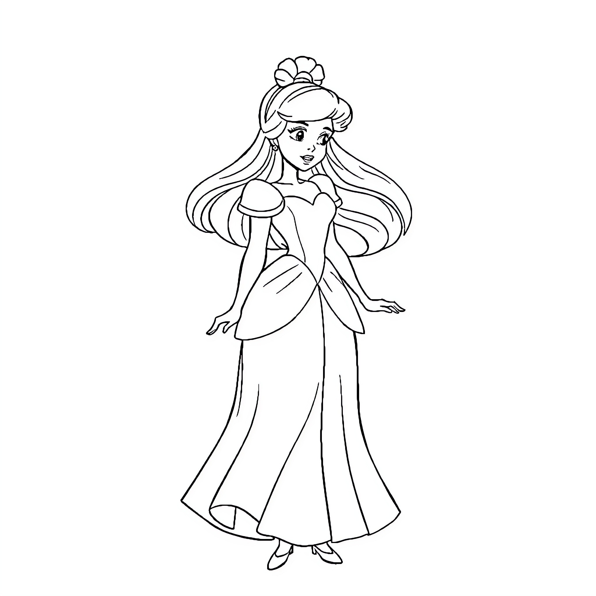 Cinderella in her elegant princess gown Coloring Page (free black-and-white line drawing printable PDF for all, from beginners to advanced learners, including children, teens, adults, and seniors)