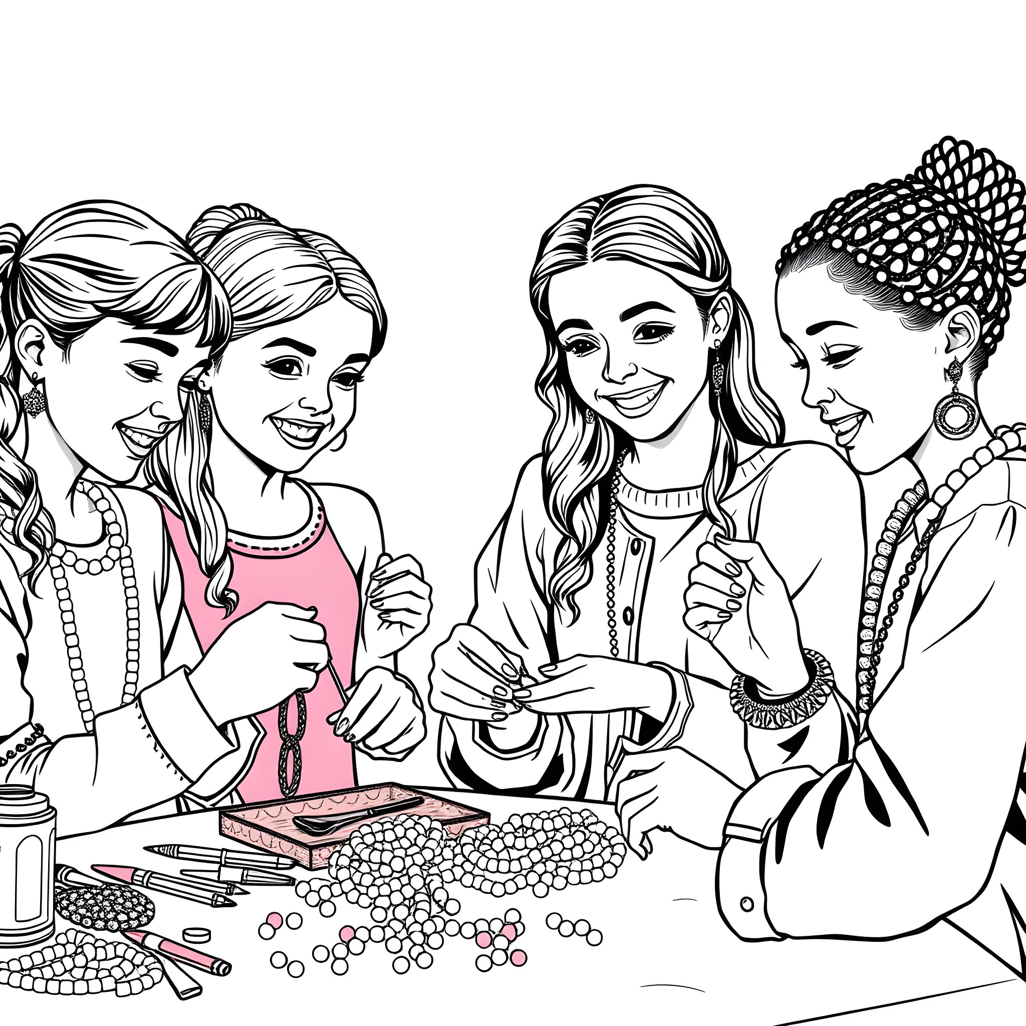 Girls Crafting Together with Smiles Coloring Page (free black-and-white line drawing printable PDF for all, from beginners to advanced learners, including children, teens, adults, and seniors)